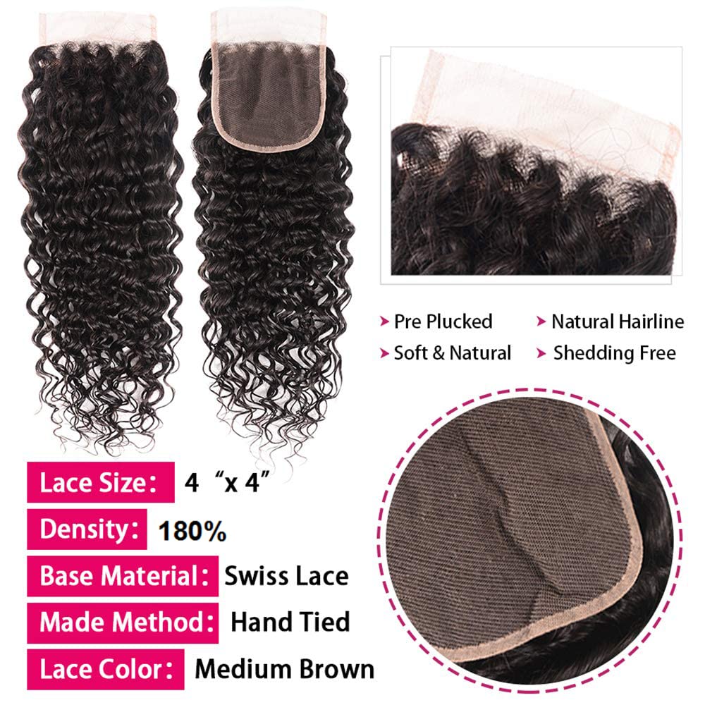Brazilian Hair Water Wave 3 Bundles with Closure Wet and Wavy Human Hair Bundles Ocean Wave Human Hair Weave Extensions Human Hair Bundles Brazilian Water Curly Hair (16 18 20 +14)
