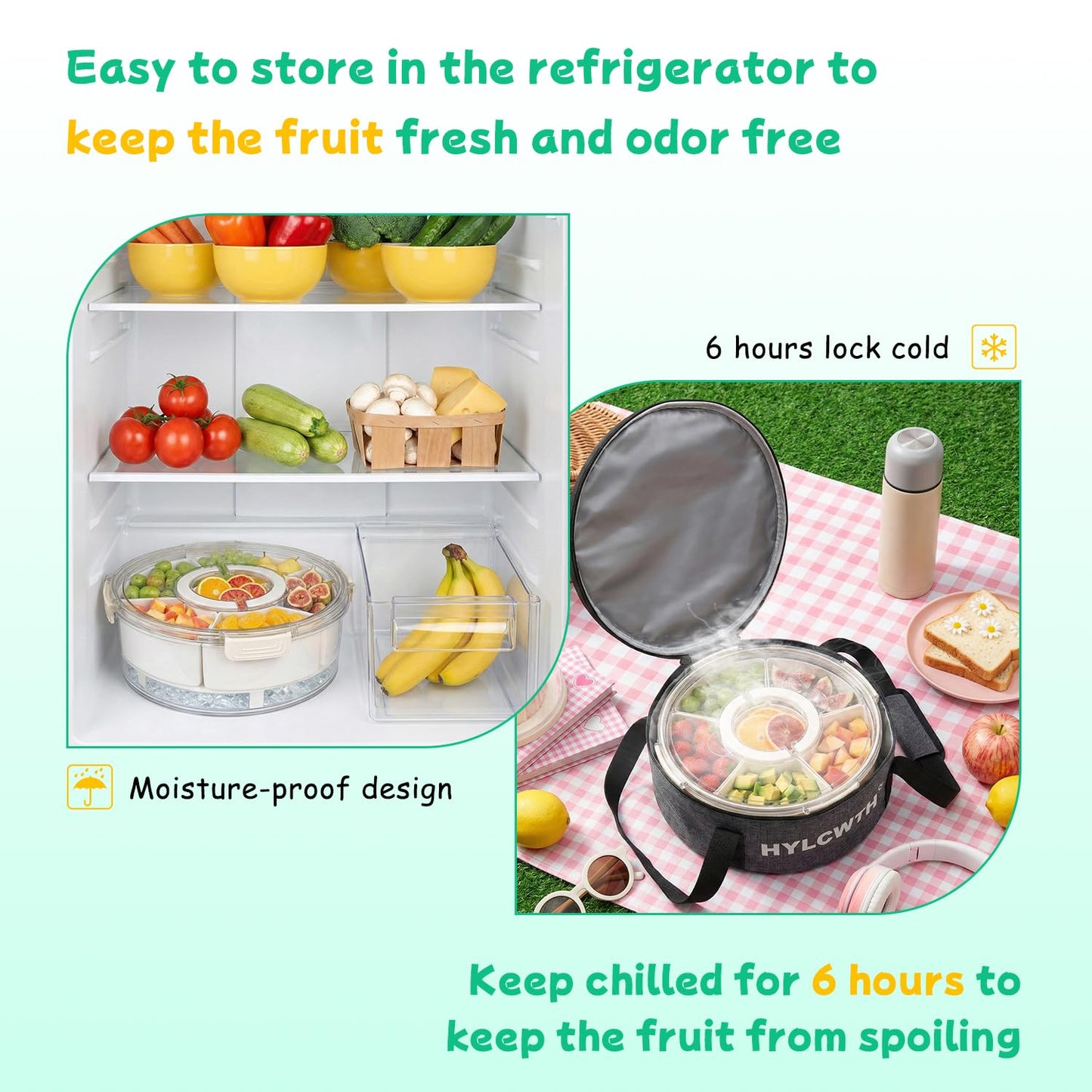 Divided Serving Tray with Lid and Handle, Rounded Snackle Box with 6 Compartments and Chill Base for Fruits, Candy, Veggie, Travel Snack Container with Portable Insulated Bag & Ice Cube Tray & 5 Forks