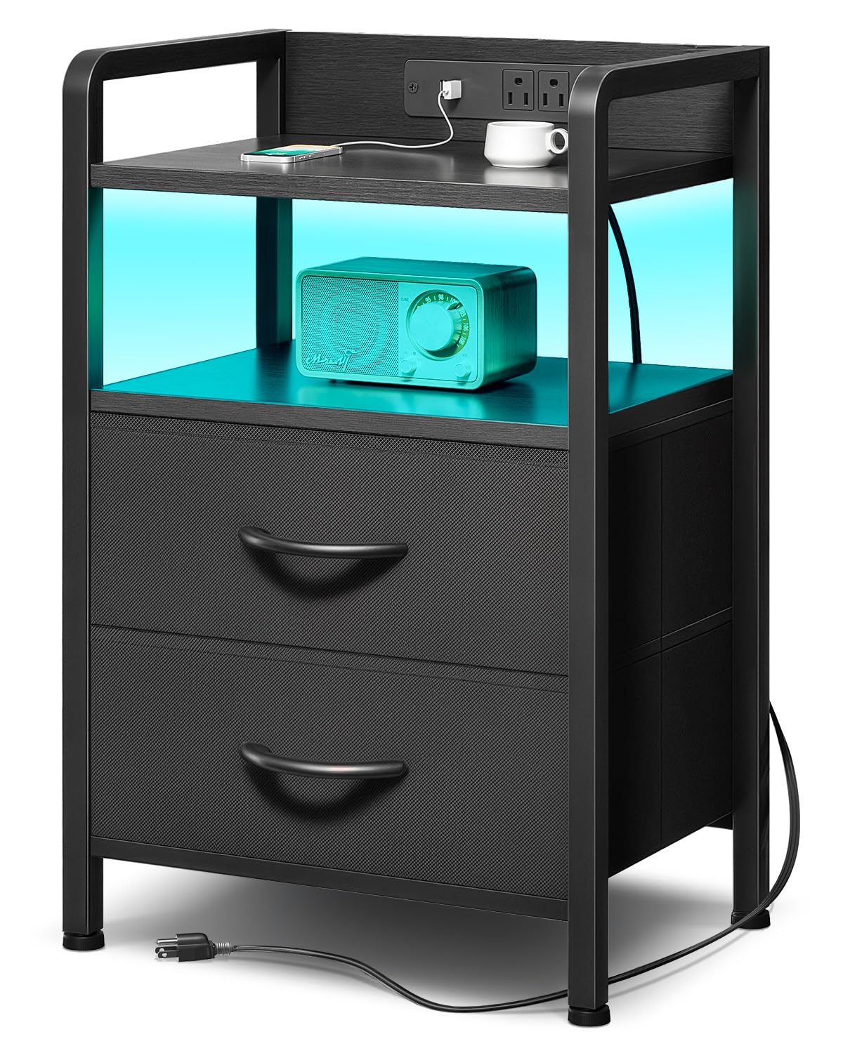 Night Stand Bedside Table Bedroom - Nightstand with Charging Station & LED Light Strip, Bed Side Table with Storage Shelf for Bedroom, End Table with U-S-B Ports & AC Outlets (Black, 2 Fabric Drawers)