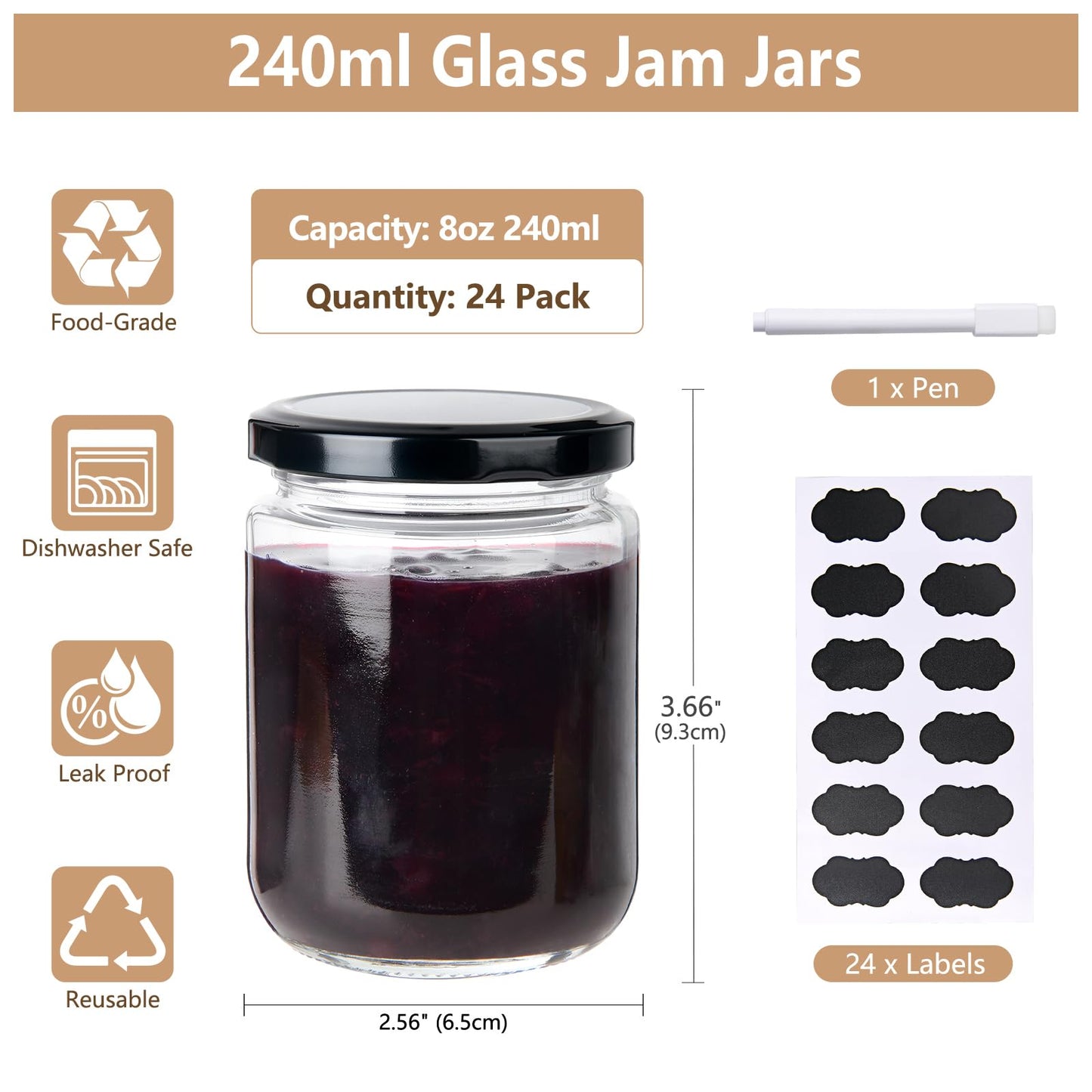 BPFY 24Pack 8oz Glass Jars with Lids, Clear Pot Masson 240ml, Small Jam Jars with Leak Proof Lids for Jelly, Honey, Pickles, Spice