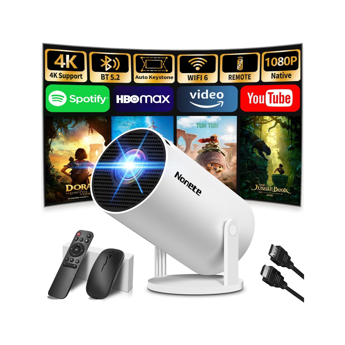 [2026 Upgraded] Mini Projector Support 4K 1080P FHD Auto Keystone 270° Rotatable with WiFi 6 and Bluetooth 5.2 Projector Portable Compatibile with HDMI/TV Stick/Memory Stick/Laptop,White