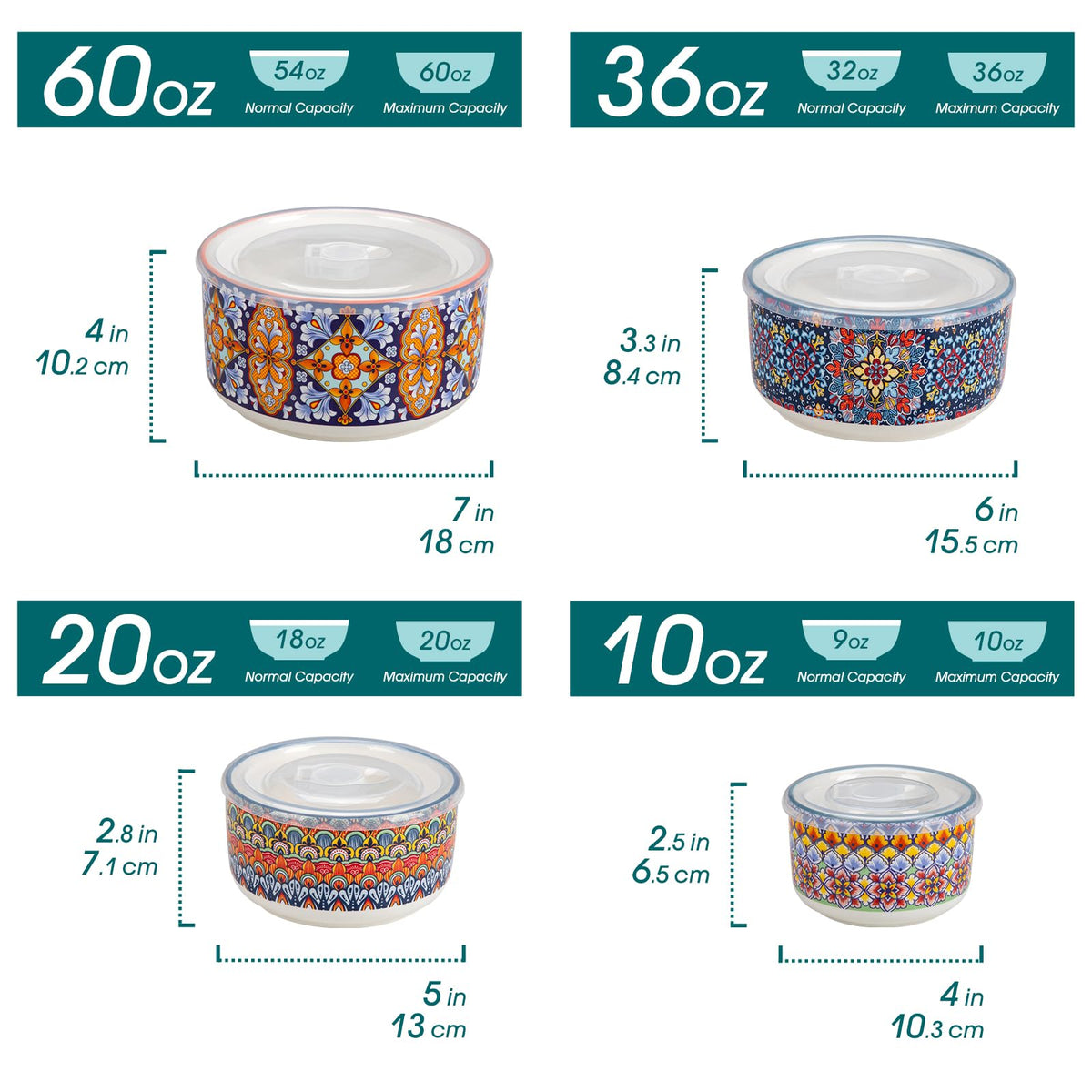 vancasso Mixing Bowls with Lids Set of 4, Ceramic Nesting Bowls Serving Bowl for Food Storage, Microwave and Dishwasher Safe, 1800/1080/600/300 ML, Series SIMI