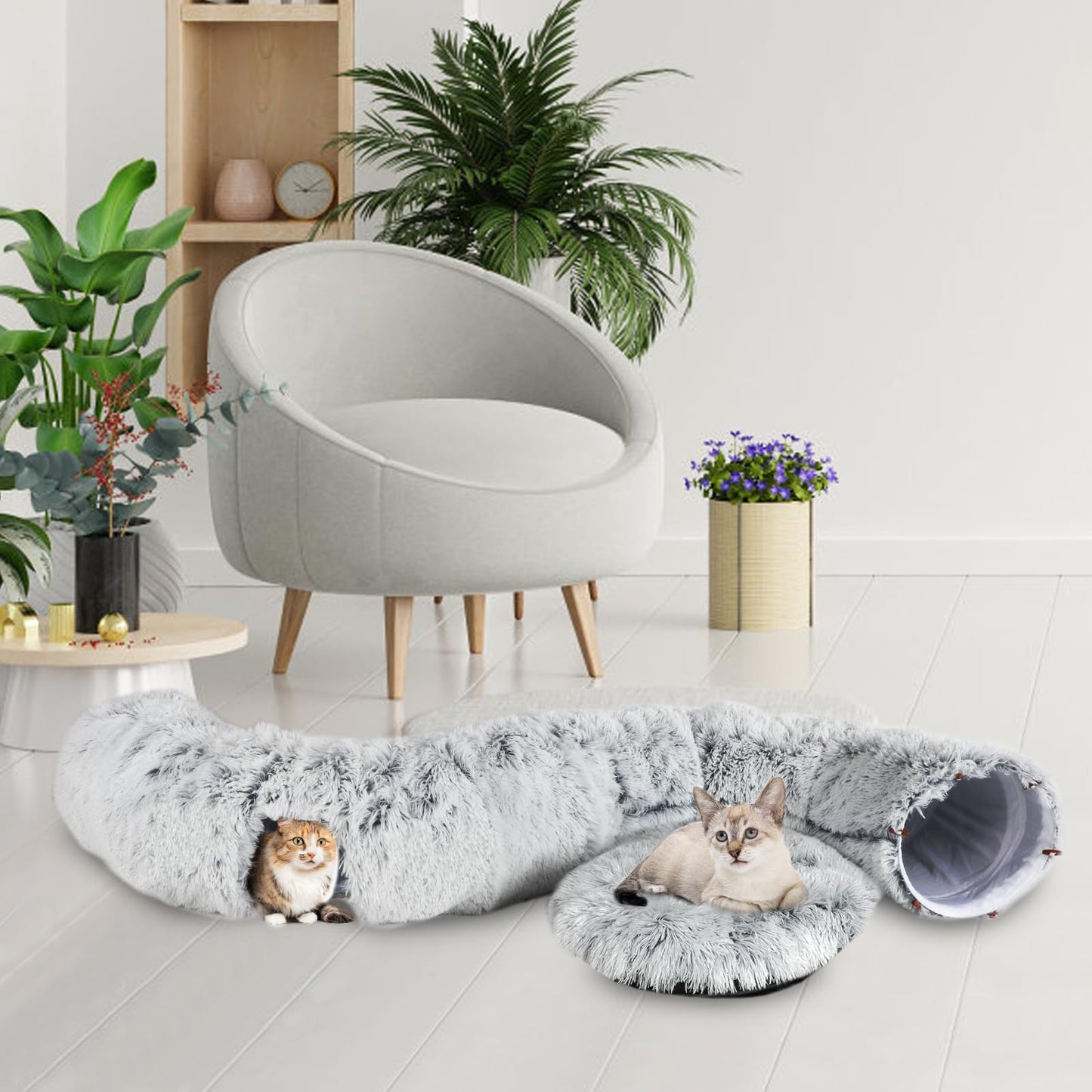 Lonepetu Cat Tunnel Bed for Indoor Cats, Warm Plush Collapsible Cat Donut Tunnel with Central Mat, Fluffy Cat Cave Tube with Hanging Ball for Cat Kitten Rabbit Puppy Ferret