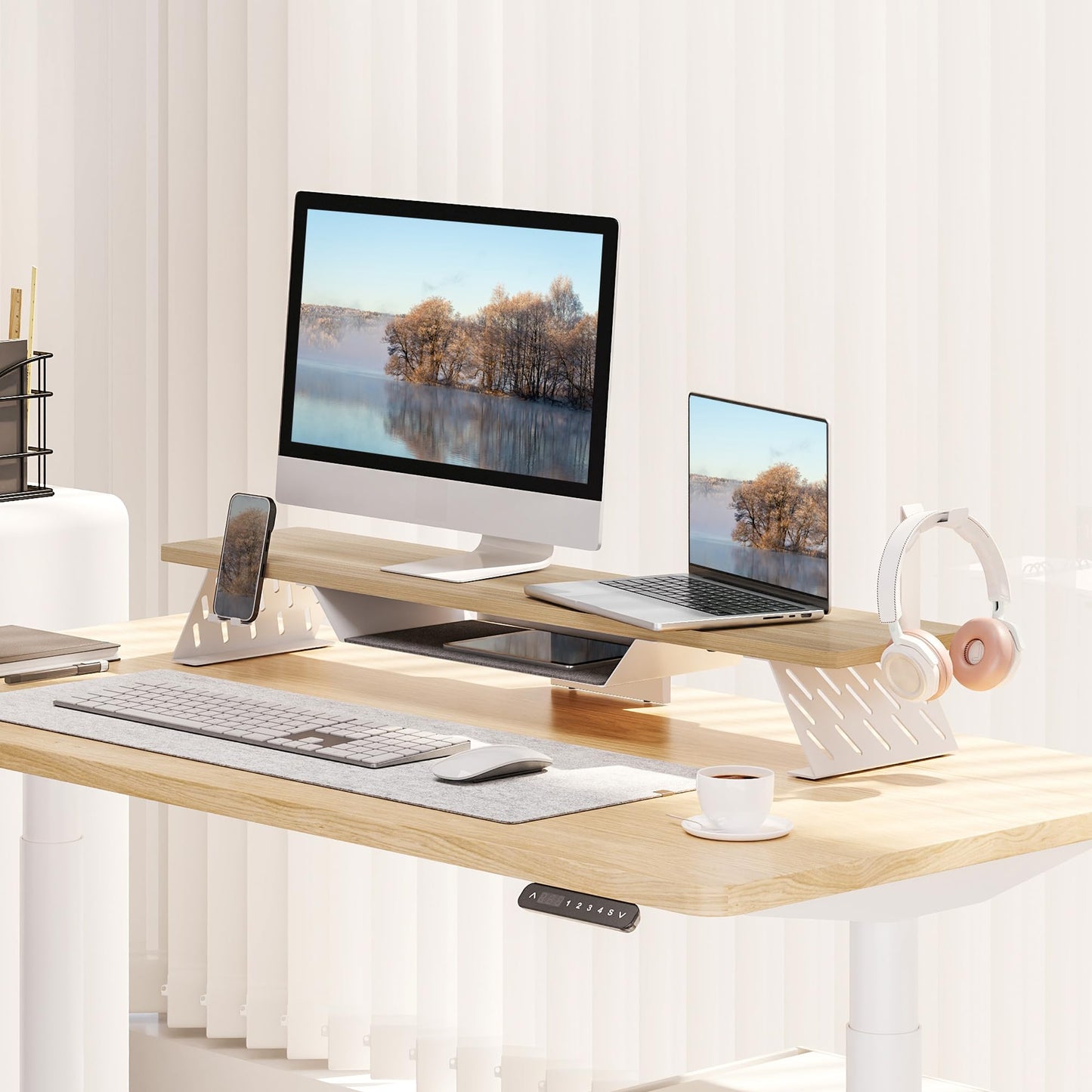 FENGE Monitor Stand Riser with Phone Holder and Headphone Mount 42.5 inch Large Computer Monitor Stands Wood+Steel Desktop Organizer, Metal Storage Shelf Max Load 66LBS White