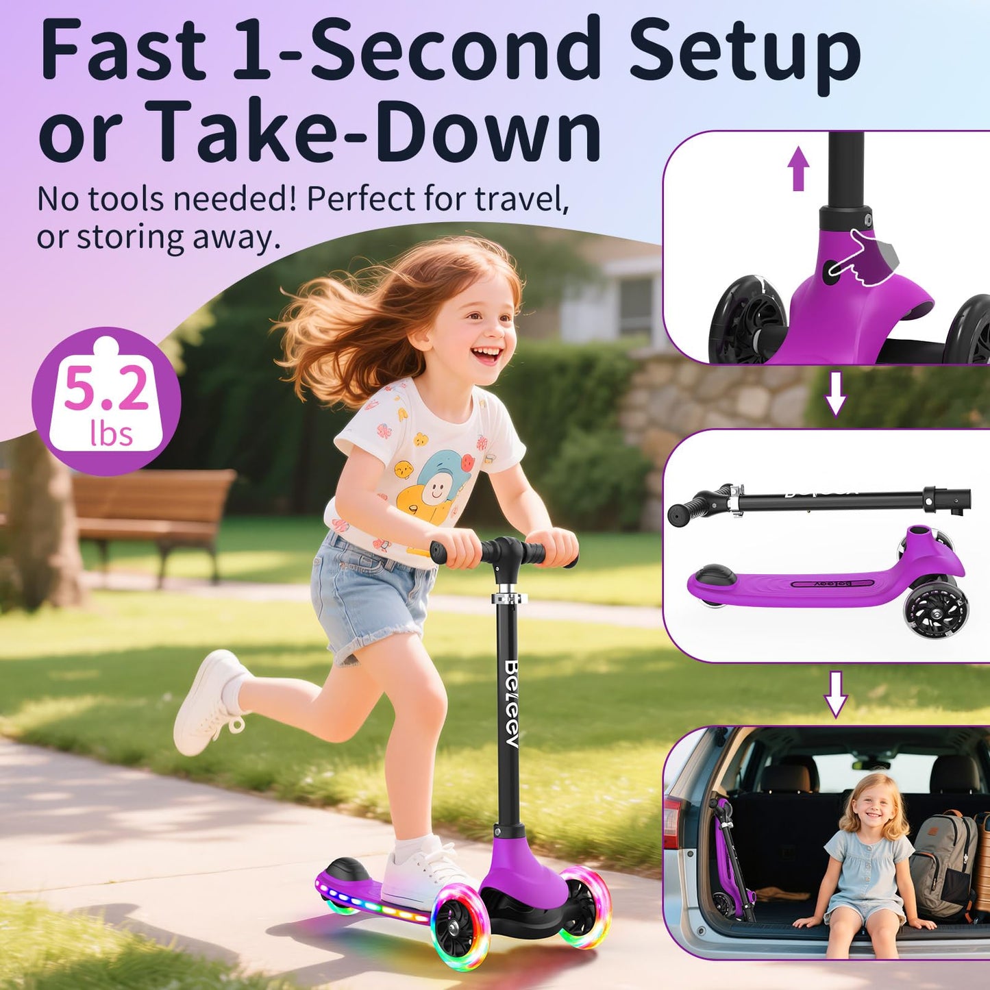 BELEEV A6 Scooter for Kids with Light-Up Deck & Wheels, 3 Wheel Kick Scooter for Toddlers Girls Boys Ages 3-8, 4 Adjustable Height, Non-Slip Deck, Lightweight Scooter for Children (Purple)