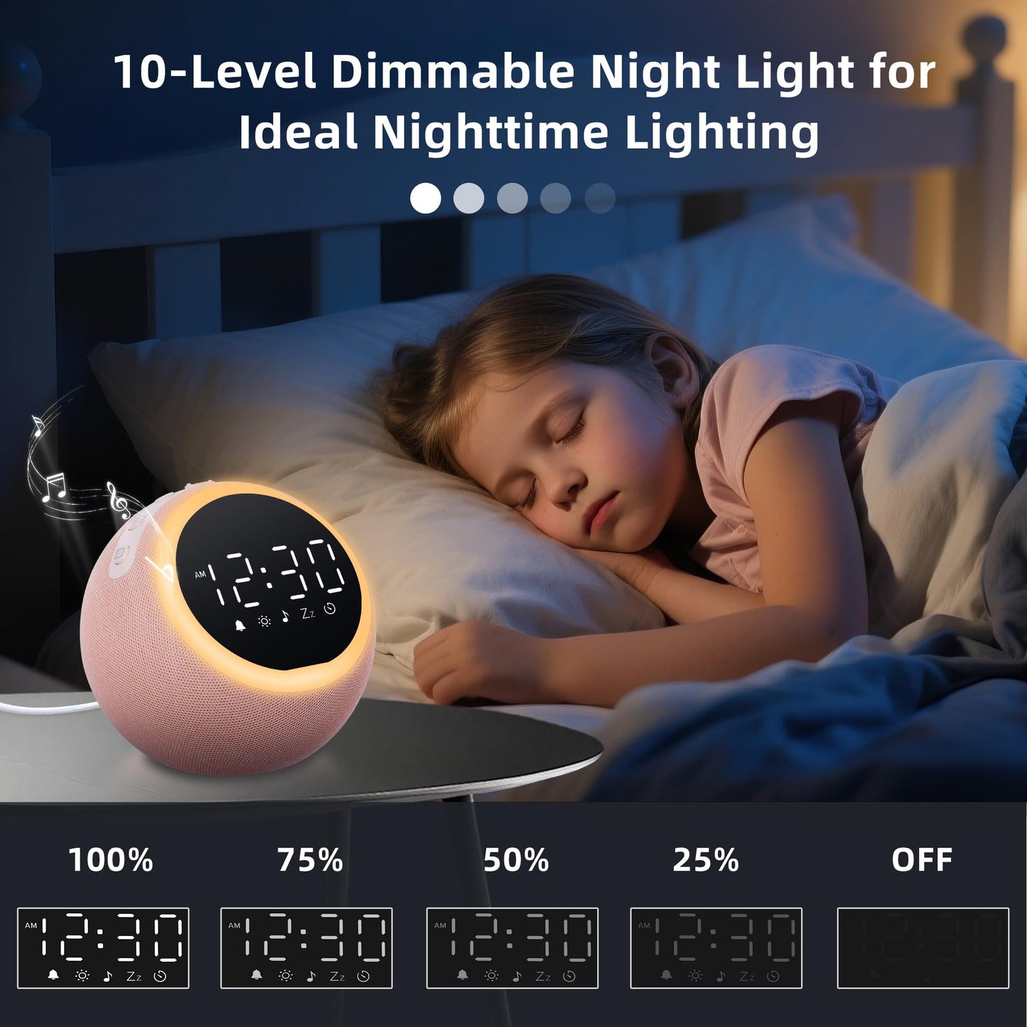 Mee 2ou Smart Alarm Clock for Bedrooms, Digital Alarm Clock with White Noise Machine, 25 Sounds, Snooze, Sleep Timer, Adjustable Volume for Kids, Adults, Heavy Sleepers, Pink