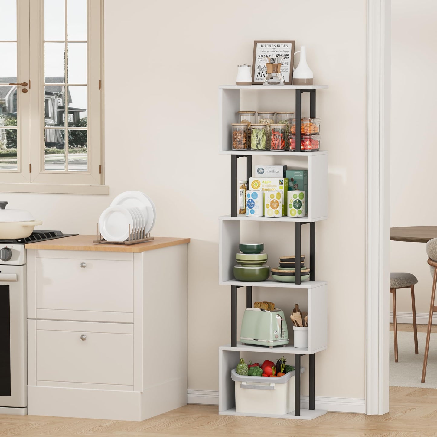 Gadroad 5-Tier Bookshelf, Narrow S-Shaped Geometric Bookcase, Wood Decorative Storage Shelving, Modern Freestanding Display Shelves, Book Shelf Unit for Living Room Bedroom Home Office, White