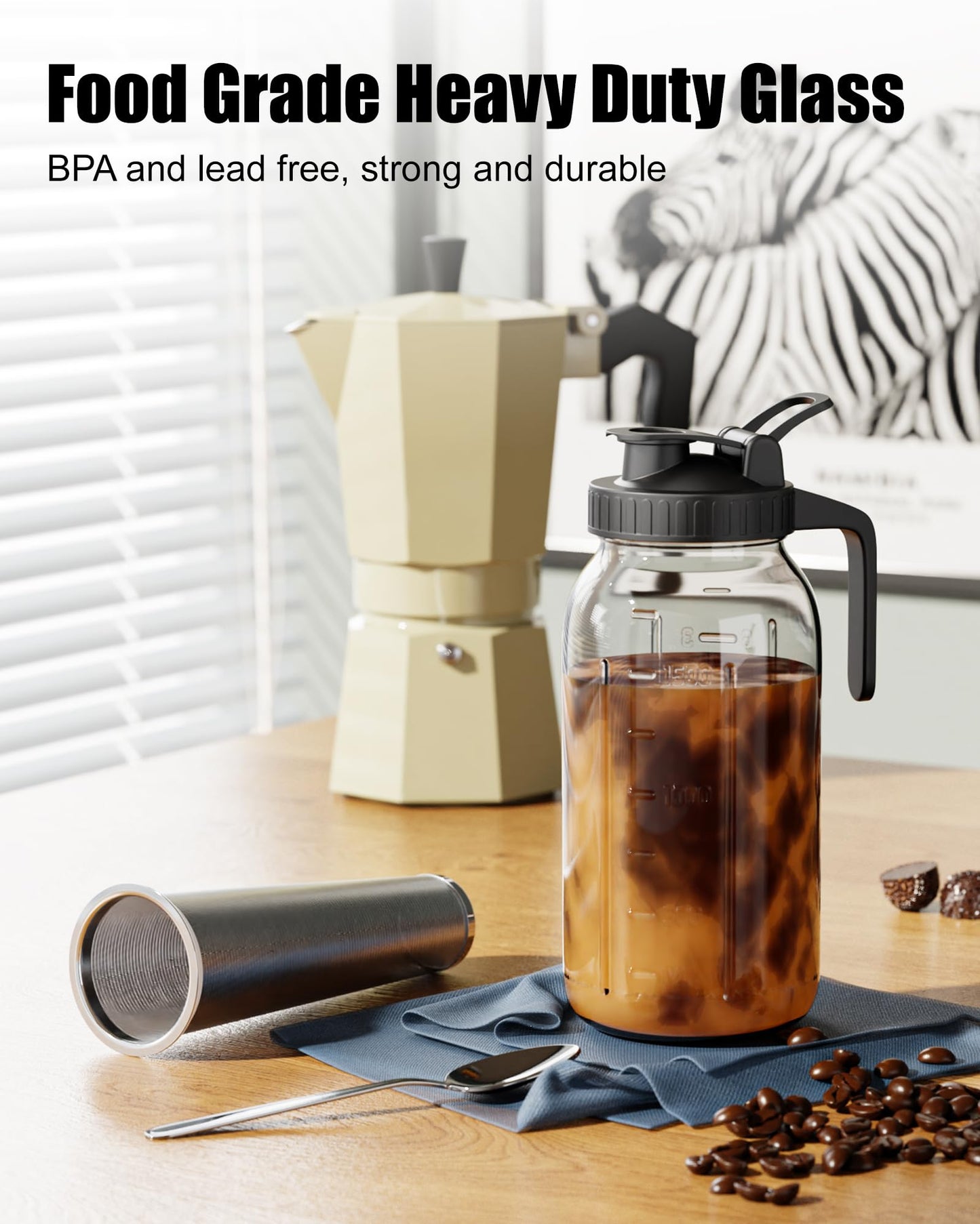 Set of 2 Cold Brew Coffee Makers 64oz with Stainless Steel Filter, Iced Coffee Maker with Leakproof Lid & Handle, Mason Jar Pitchers for Cold Brew