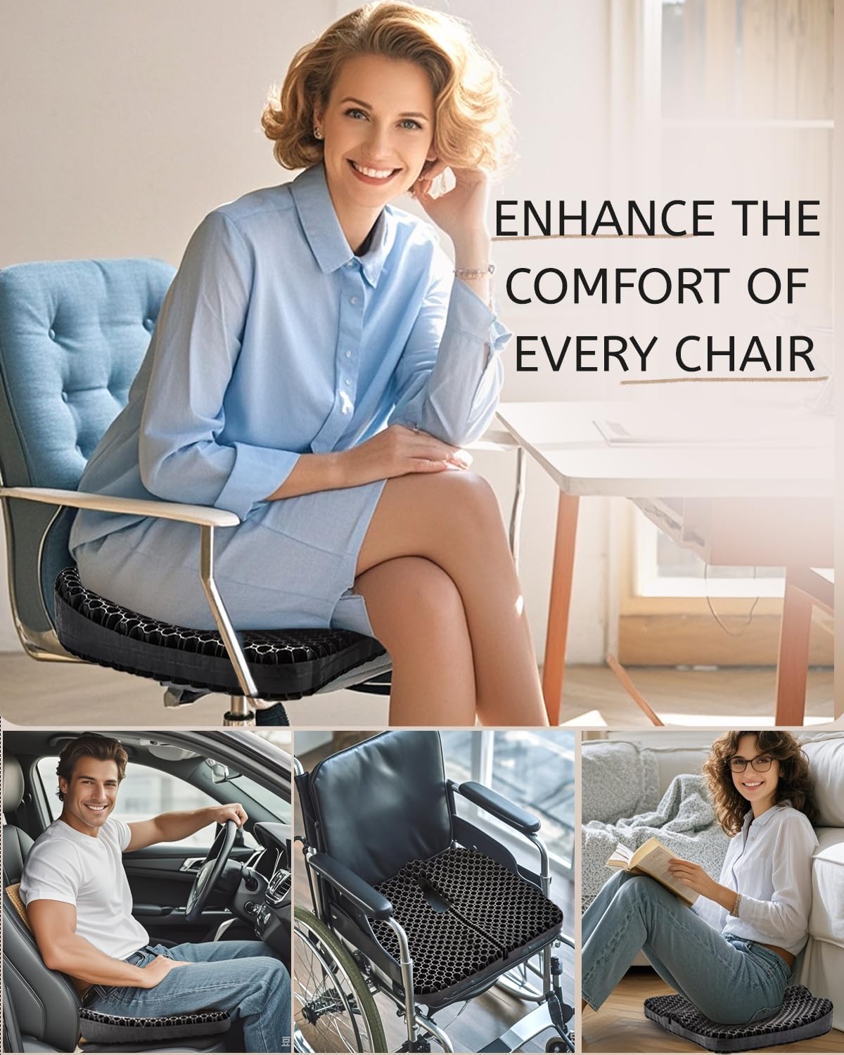 Anzeng Gel Seat Cushion for Long Sitting, Gel Cushion for Pressure Relief, Soft & Breathable, Chair Cushion for Office Chair, Car, Wheelchair, Seat Cushion with Non-Slip Black Cover