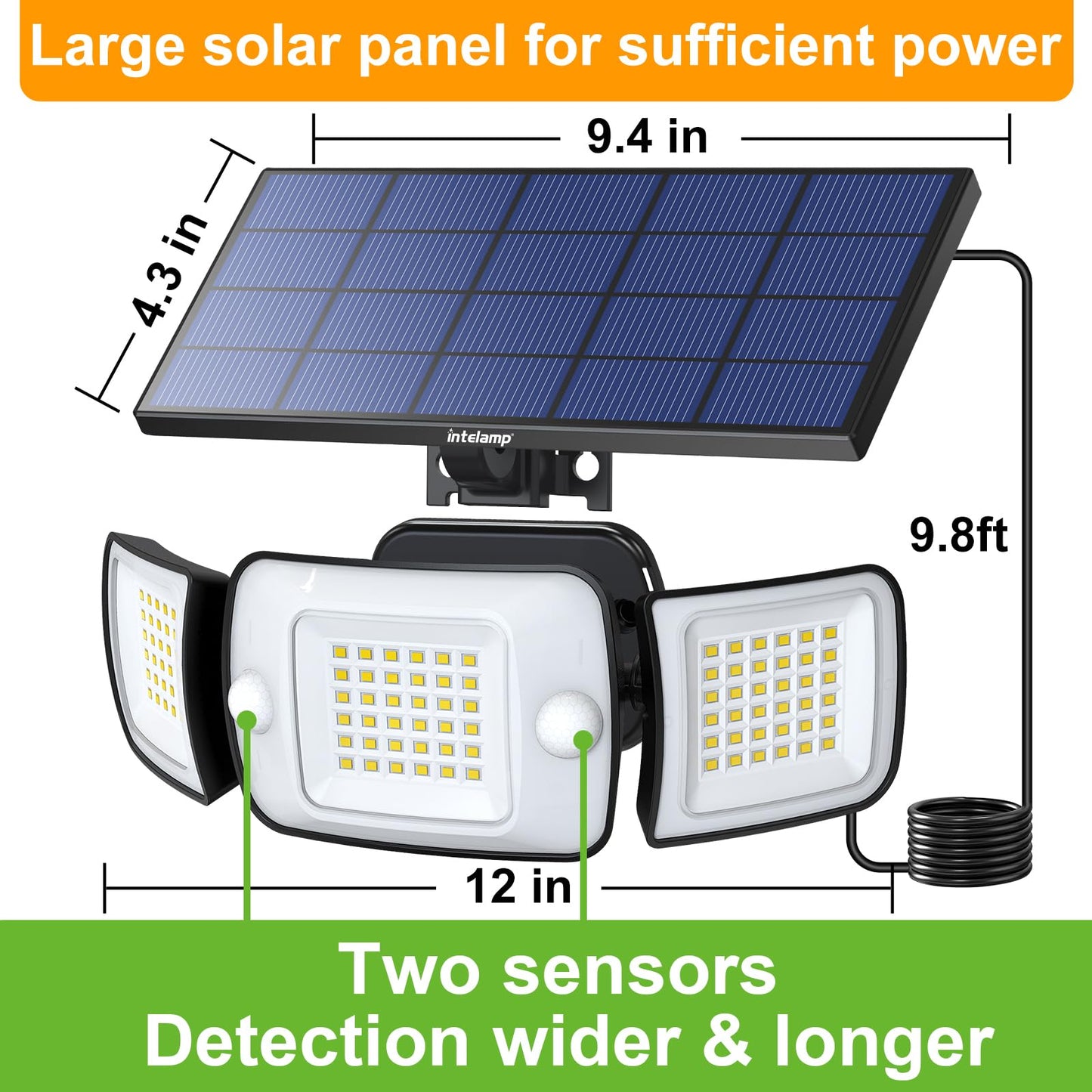 Intelamp Solar Motion Sensor Lights Outdoor, Split Design 2-Pack LED Security Flood Light, 6000mAh 1200LM Dual PIR Remote, IP65 Waterproof, Adjustable Solar Wall Light for Garage Yard Driveway Patio