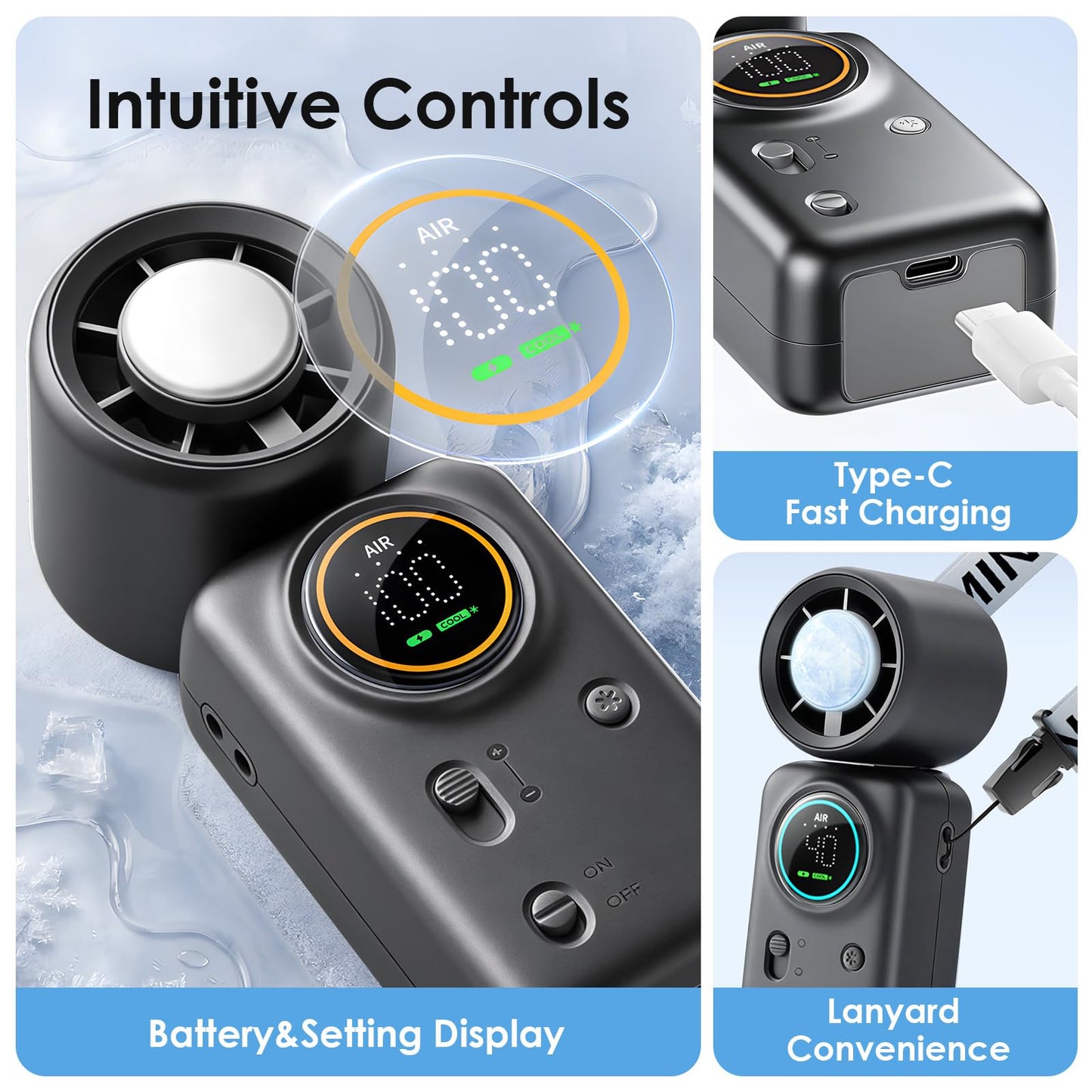 FurBall 4-IN-1 Portable Handheld Fan with Ice Cooling, High-speed Turbo Power 100 Gear Adjustable, LED Display, 6000mAh Rechargeable Battery, Foldable & Quiet Personal Fan for Travel, Office, Outdoor