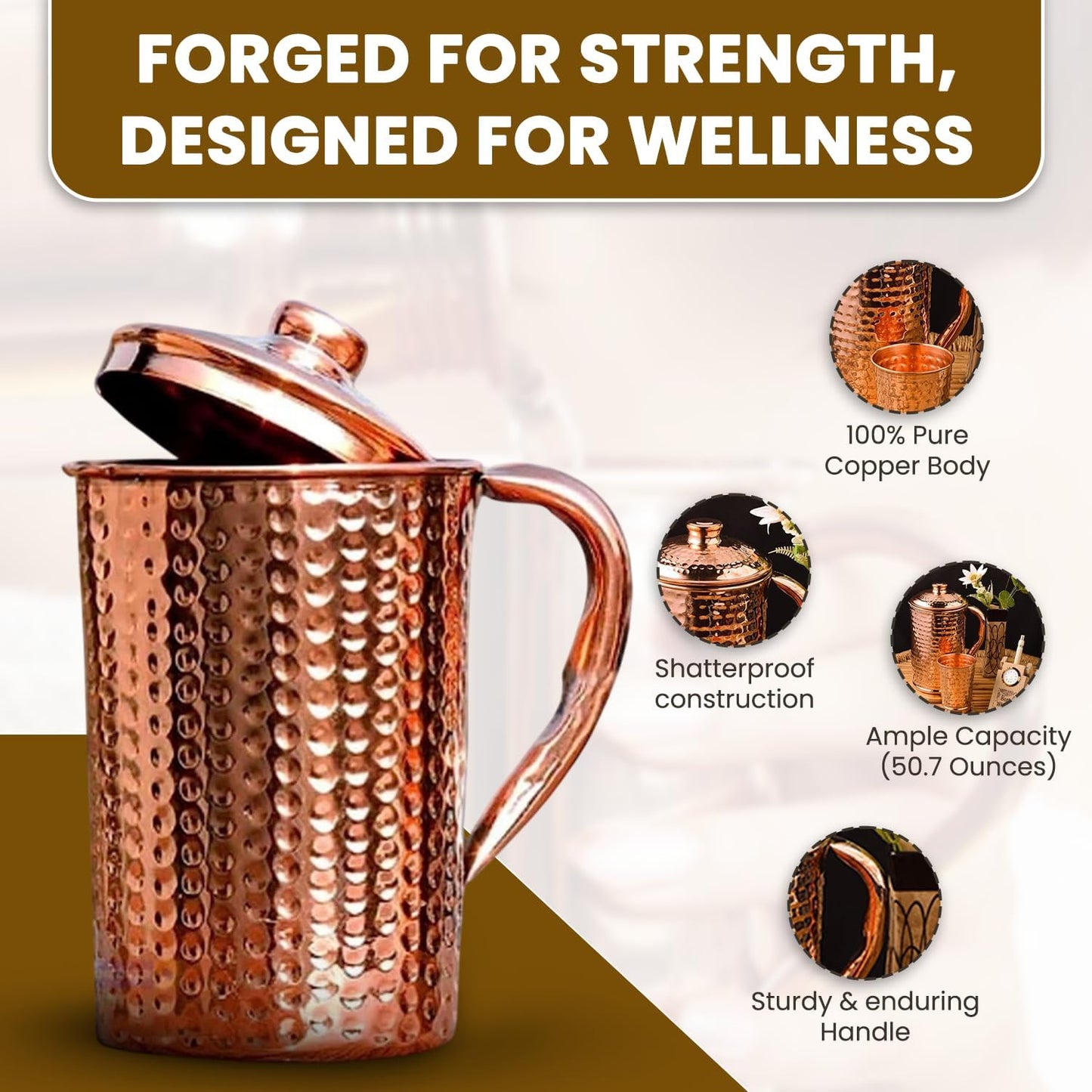 2activelife 100% Pure Copper Pitcher 50.72 Oz / 1500 ml | Drinking Water Traditional Hammered Pitcher with Lid | Copper Jug Handle Water Bottle | Ayurveda Health Benefits | Serving Water in Daily Use