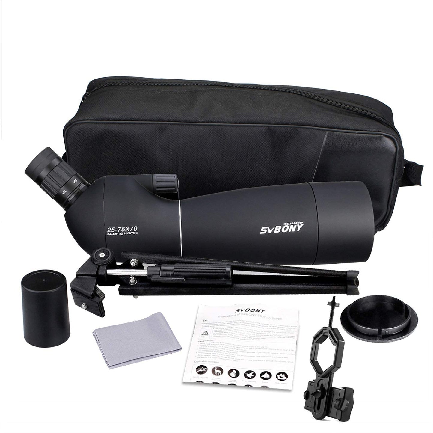 SVBONY SV28 Spotting Scopes with Tripod, Angled 25-75x70mm Spotter Scope with Phone Adapter, Waterproof Fogproof Spotting Scope for Bird Watching, Target Shooting, Wildlife Viewing, Black
