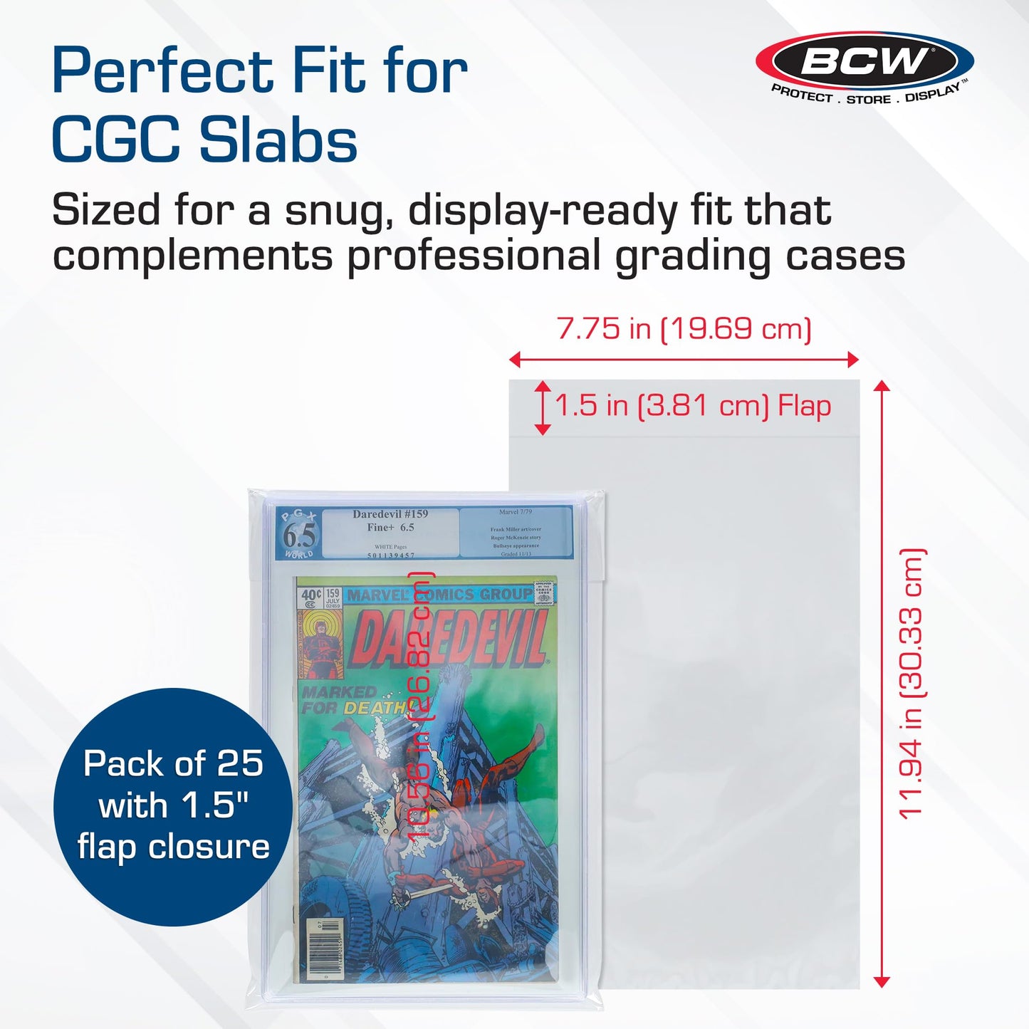 BCW Graded Mylar Comic Book Bags - 25ct | Archival Polyester Protection | Fits CGC Graded Comics | 2 Mil Thickness | 1-1/2" Flap for Secure Closure | 9 x 14 1/4 | Clear Comic Storage