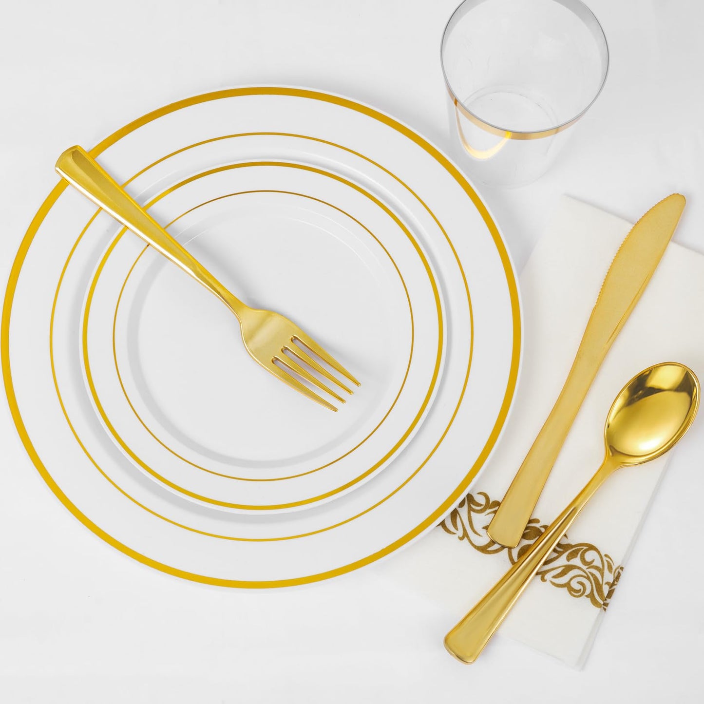 Supernal 102pcs White and Gold Plastic Plates Disaposable Party Plates White Gold Rim Heavy duty, Fancy Gold Plastic Dinnerware Set included 51 Dinner & Dessert Plates for Party,Birthday and Wedding