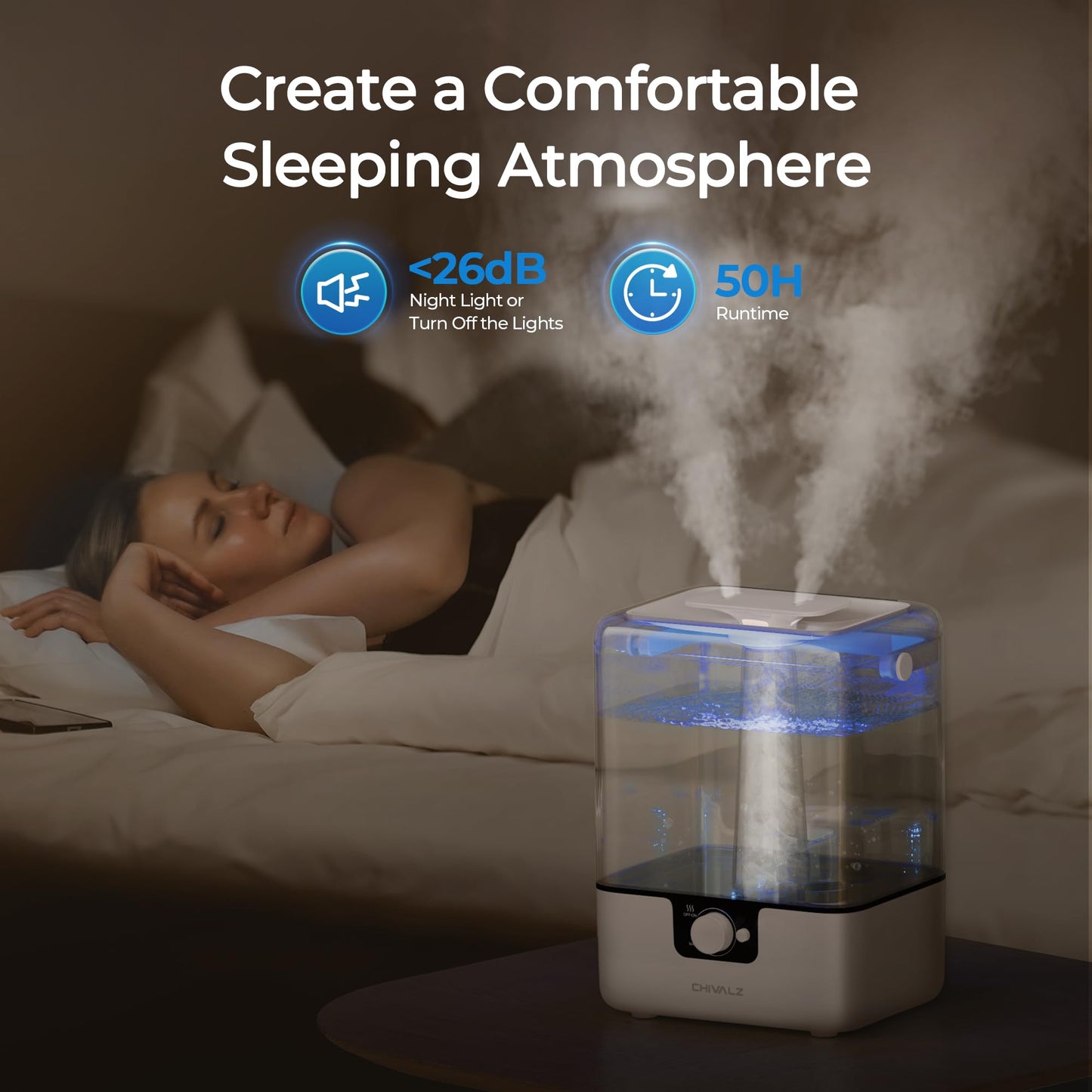 CHIVALZ Humidifiers for Bedroom, 6L Cool Mist Humidifiers for Baby Nursery, 26dB Quiet, 50H Runtime, Top Fill Humidifier for Large Room, Home, Plants, Nightlight, Oil Diffuser 1 Pack, White