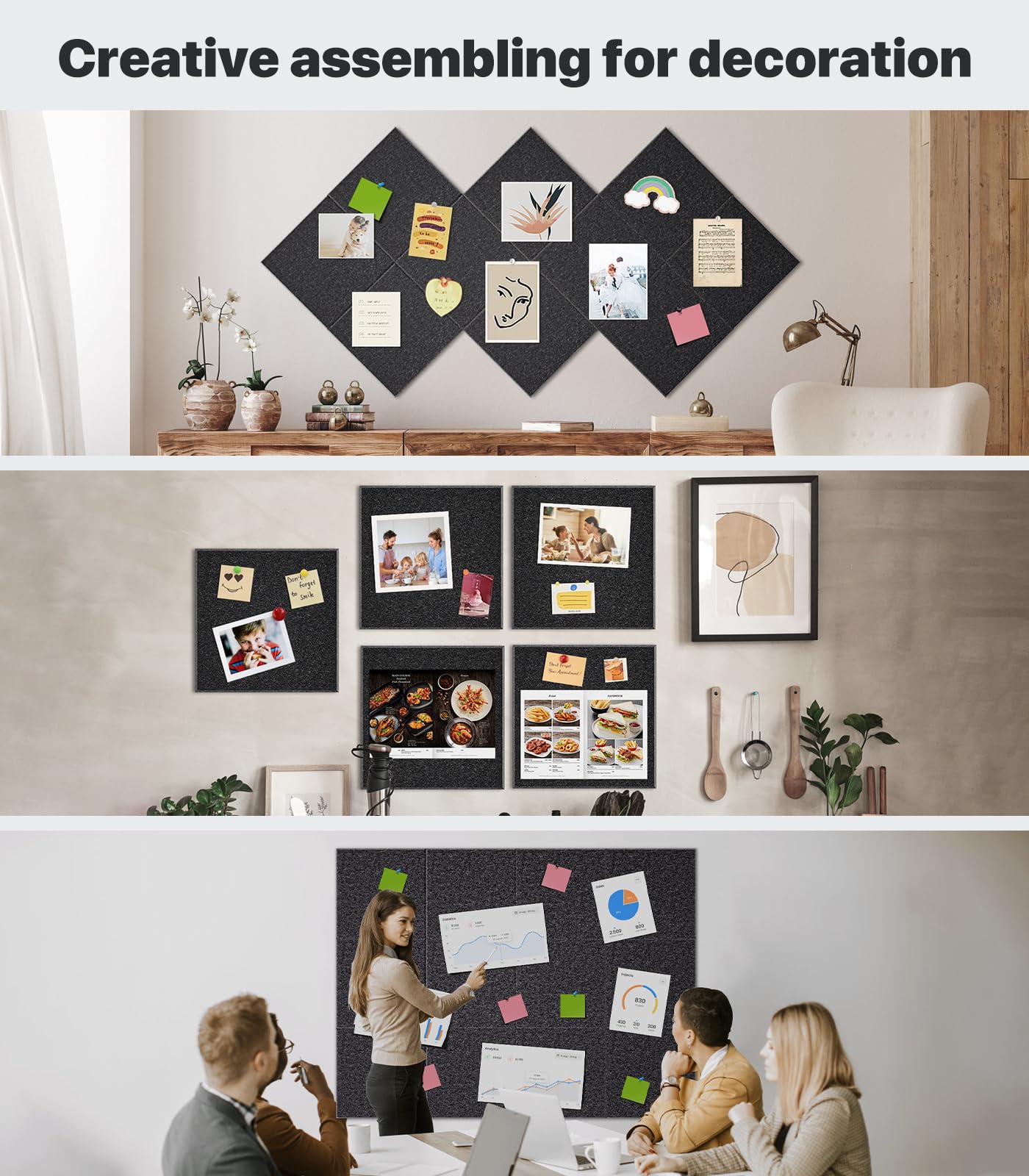 Large Cork Board for Walls - 12 Packs Bulletin Board,48"x36" Cork Board Felt Wall Tiles for Home, School & Office Decor Pin Board,Cork Felt Board DIY Vision Board -Black