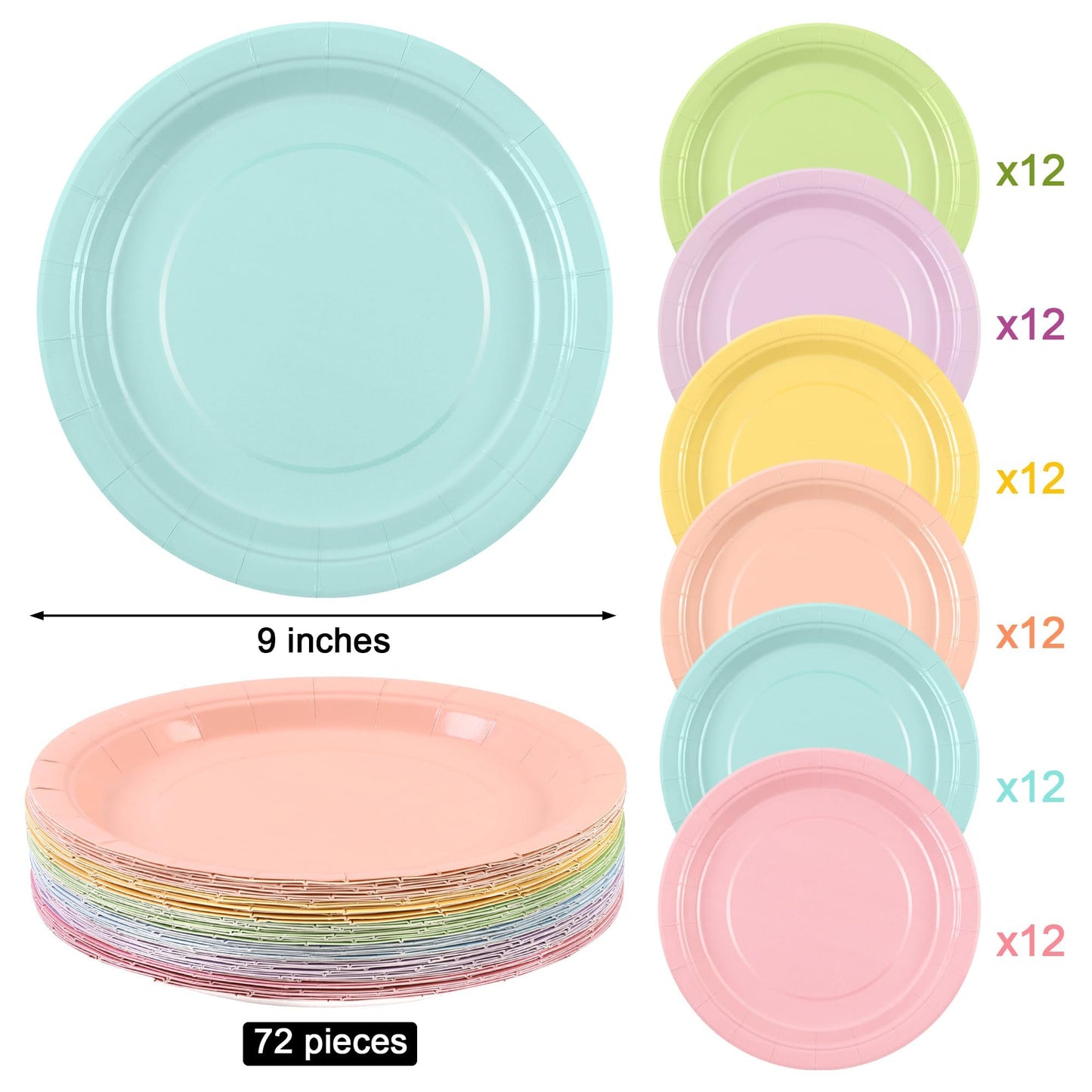 Breroa 72 Pieces 9 Inch Pastel Rainbow Paper Plates Disposable Heavy Duty Paper Plate Sustainable Dinner Dessert Plate Decorative Plates Bulk for Parties, Holidays, Picnics