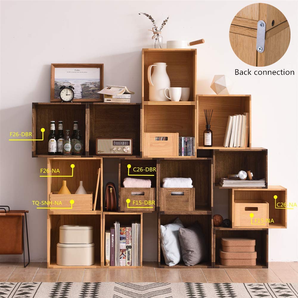 KIRIGEN Stackable Wood Storage Cube /Basket/ Bins Organizer for Home Books Clothes Toy Modular Open Cubby Storage System - Office Bookcase Closet Shelves F26-DBR