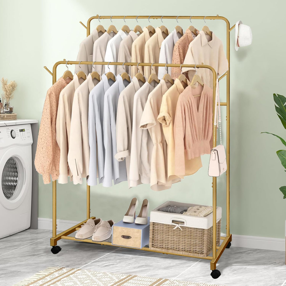 AT-VALY Double Rods Clothes Rack, Sturdy Metal Garment Rack with Wheels, Portable Wardrobe Rack with Bottom Shelf & Side Hooks, Heavy Duty Coat Hanger Stand for Bedroom, Laundry, Living Room,Gold