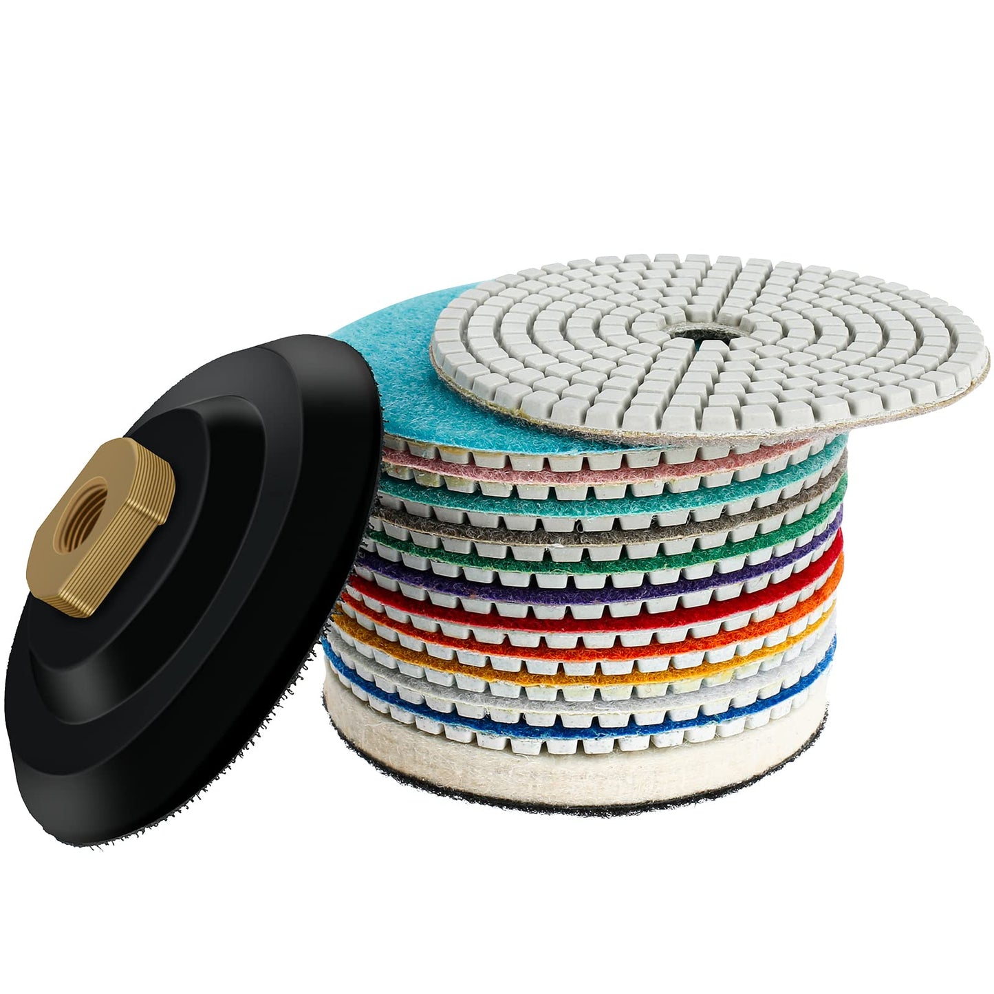 Abizarch 15Pcs 4 Inch Diamond Polishing Pads with Backer Pad, Wet/Dry 50-8000 Grit Polish Pad Kit for Drill Grinder Polisher Concrete Granite Marble Quartz Countertop Stone Rock