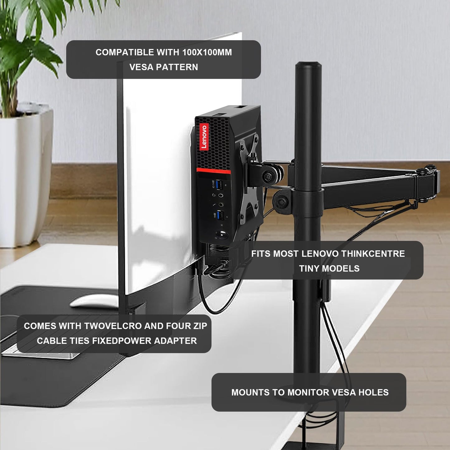 2 Pack Mini PC VESA Mount Compatible with Lenovo Thinkcentre Tiny M90q Gen2, M80q Gen3, M90q Gen3, M90q Gen2, M70q Gen2, M60e, M75q Gen2, Under Desk and Wall Mount,75x75mm or 100x100mm Monitor Arm
