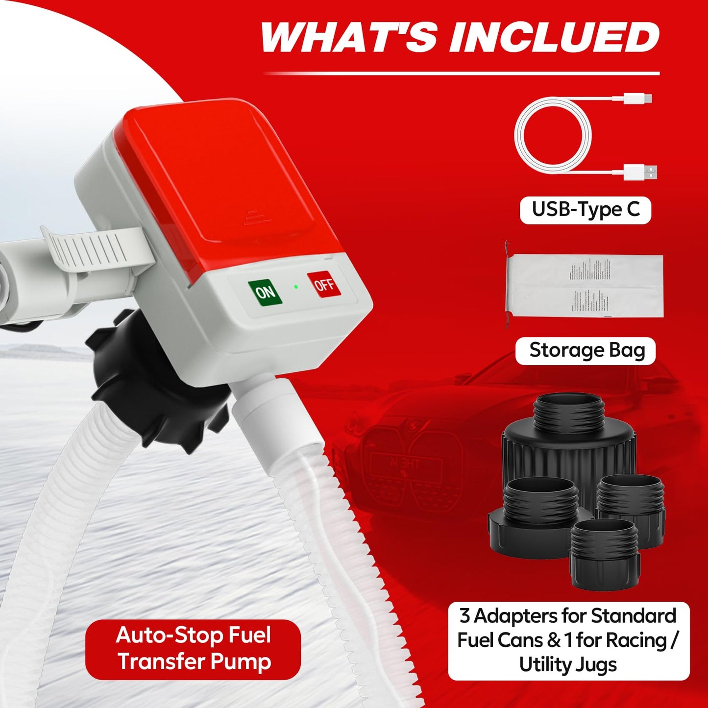 2026 Upgraded Electric Fuel Transfer Pump with Auto-Stop, 3.2 Gallon per Min, USB & Battery Powered, 51" Hose, 4 Gas & Jerry Can Adapters, Leak-Proof Gas Pump for Gasoline, Diesel and Kerosene
