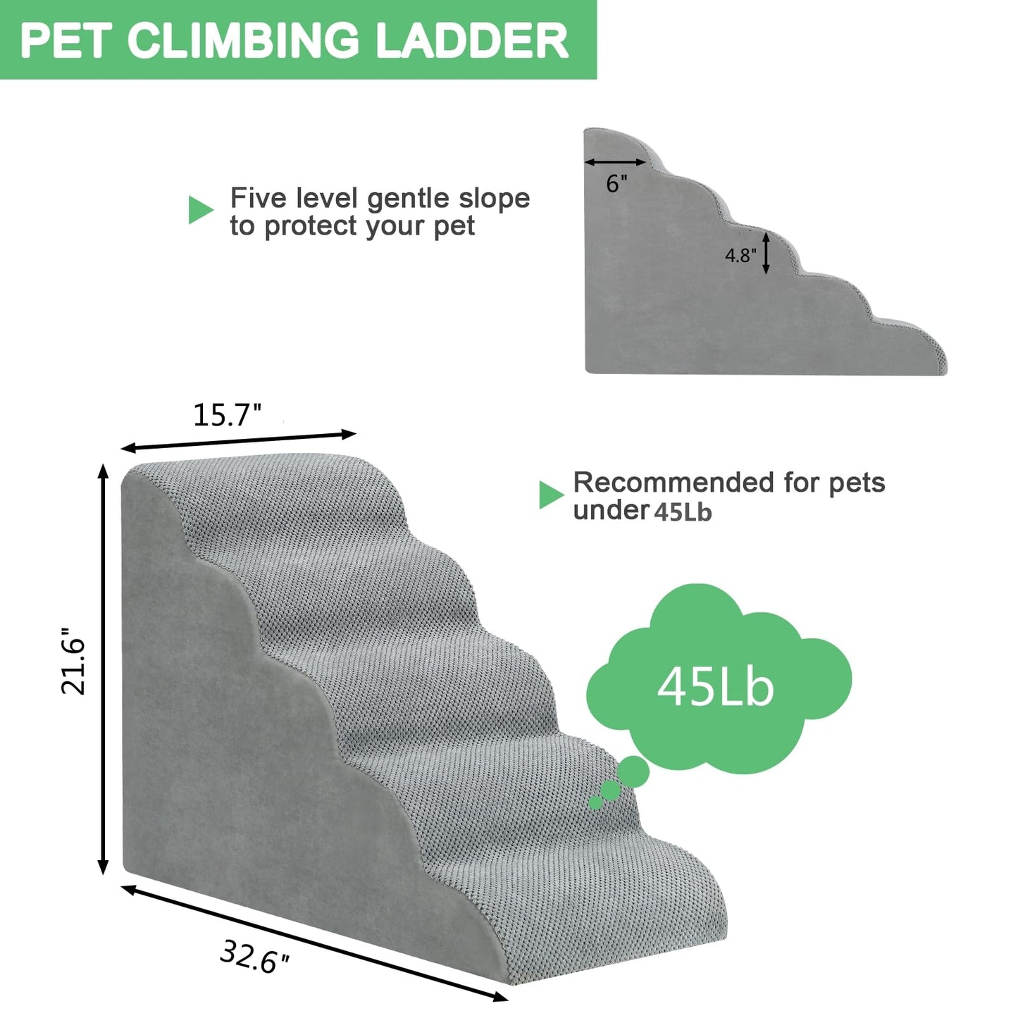MOOACE 5 Steps Dog Stairs for Beds and Couches, Pet Stairs Rampwith High Density Expand Immediately Foam, Washable Cover and Pet Hair Remover Roller - Reduce Stress on Pet Joints/Easy to Walk