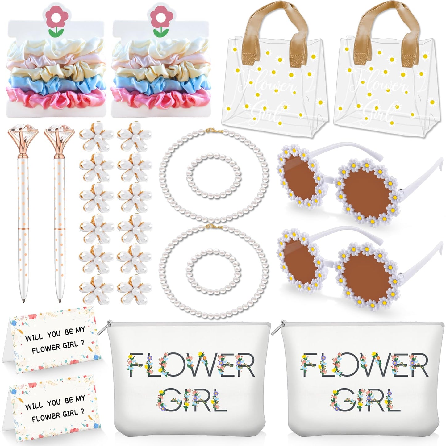 28Pcs Flower Girl Proposal Gift Set - 2 Bags Including Round Flower Sunglasses, Canvas Bag, Pearl Necklace, Bracelet, Hair Accessories, Satin Scunchies, Diamond Pen for Wedding, Bridal Shower