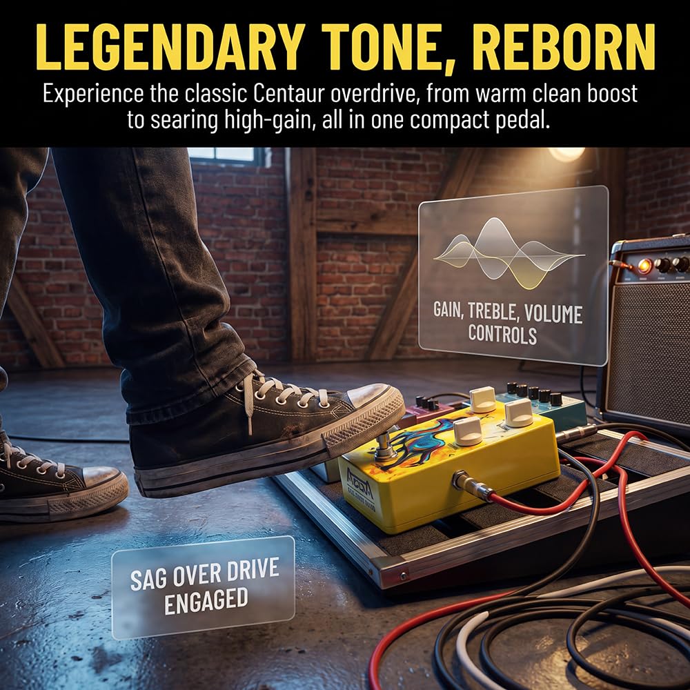 AZOR SAG Overdrive Analog Guitar Effect Pedal - True Bypass with Tilt-Angle Footswitch, High Gain for Electric Guitar, 3-Knob Control (GAIN/VOLUME/TONE), DC9V Powered, Low Noise