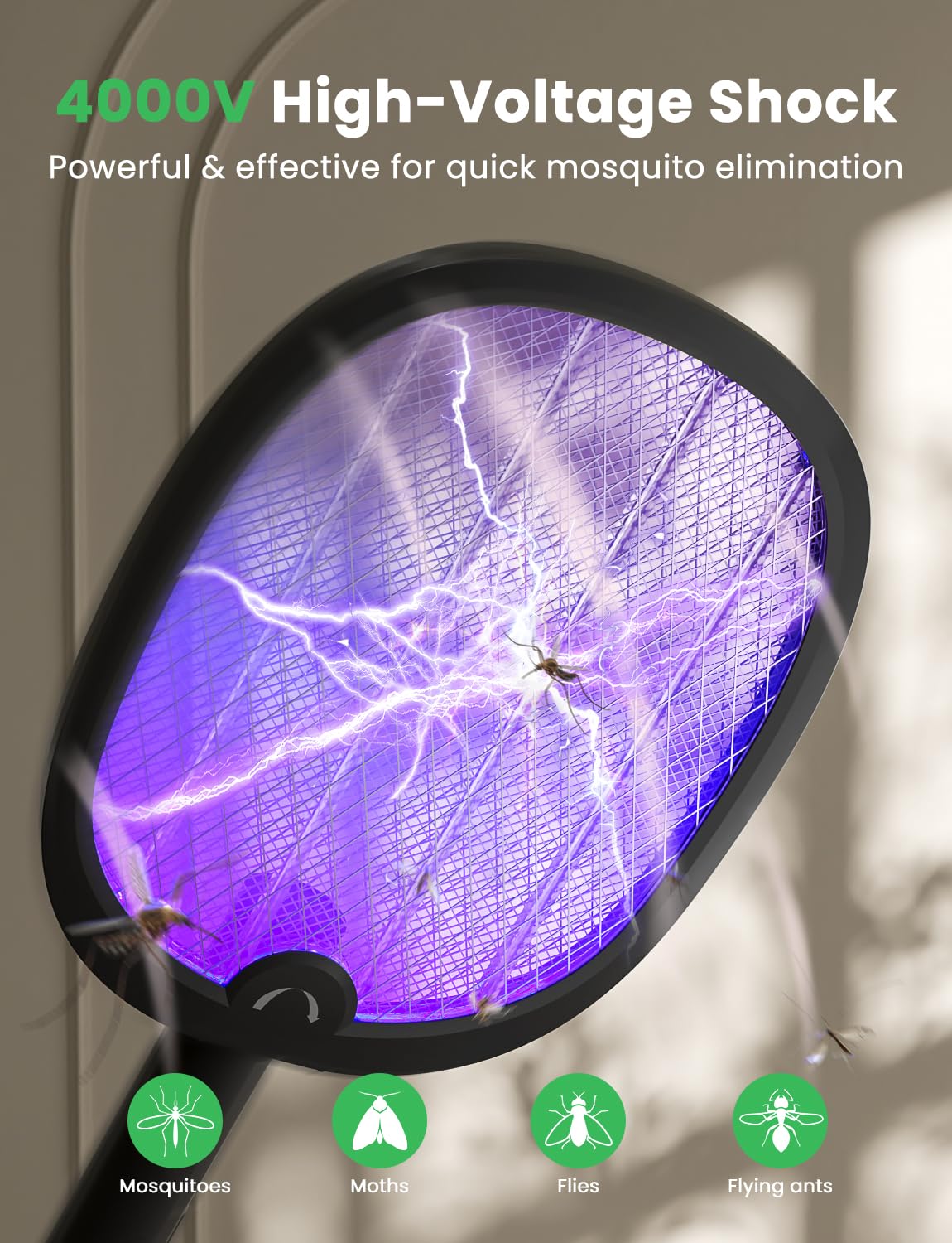 YISSVIC Fly Swatter Electric Bug Zapper Racket 4000 Volt Rechargeable Fly Zapper Indoor Outdoor Dual Modes with Attractant Light (Black 2 Pack)