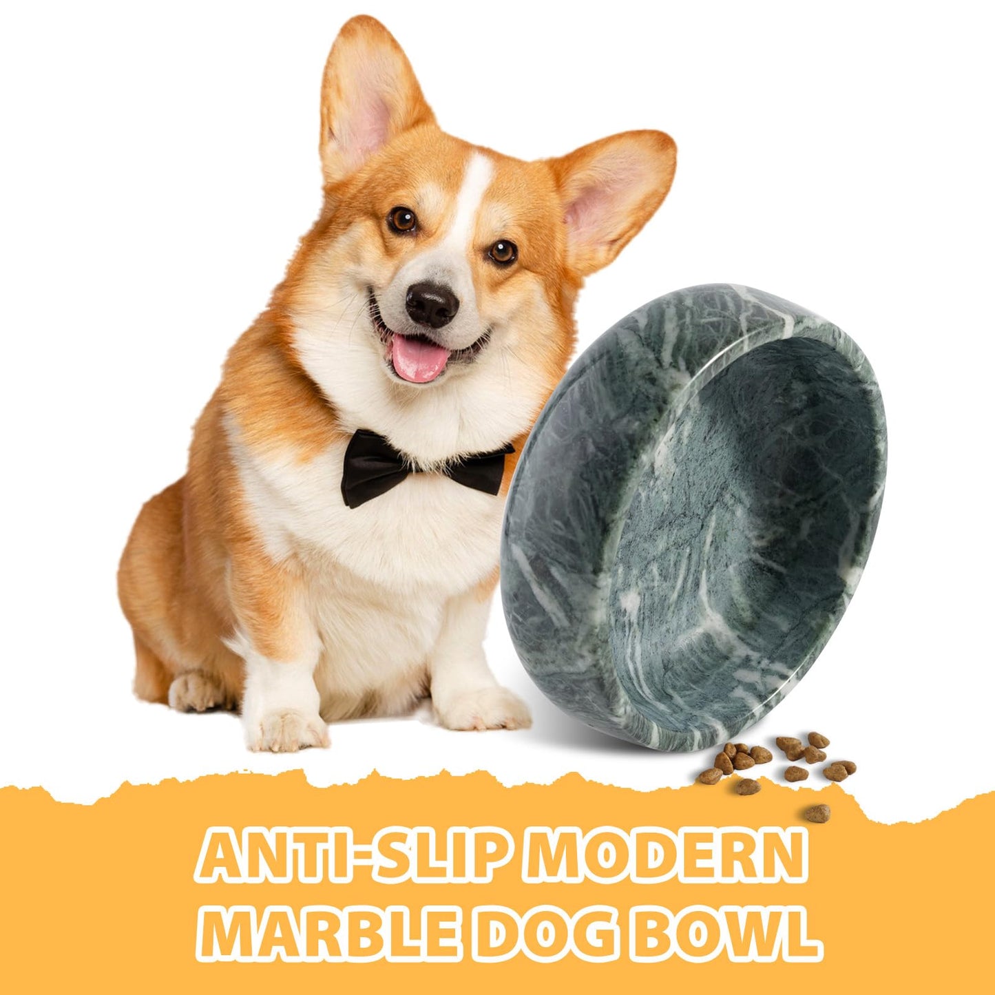 Natural Marble Dog Bowls, 5lbs Non-Slip Cat and Dog Food Bowl, No-Tip Weighted Dog Dish, Durable Food and Water Bowl, Easy to Clean, Holds 4 Cups(Indian Green)