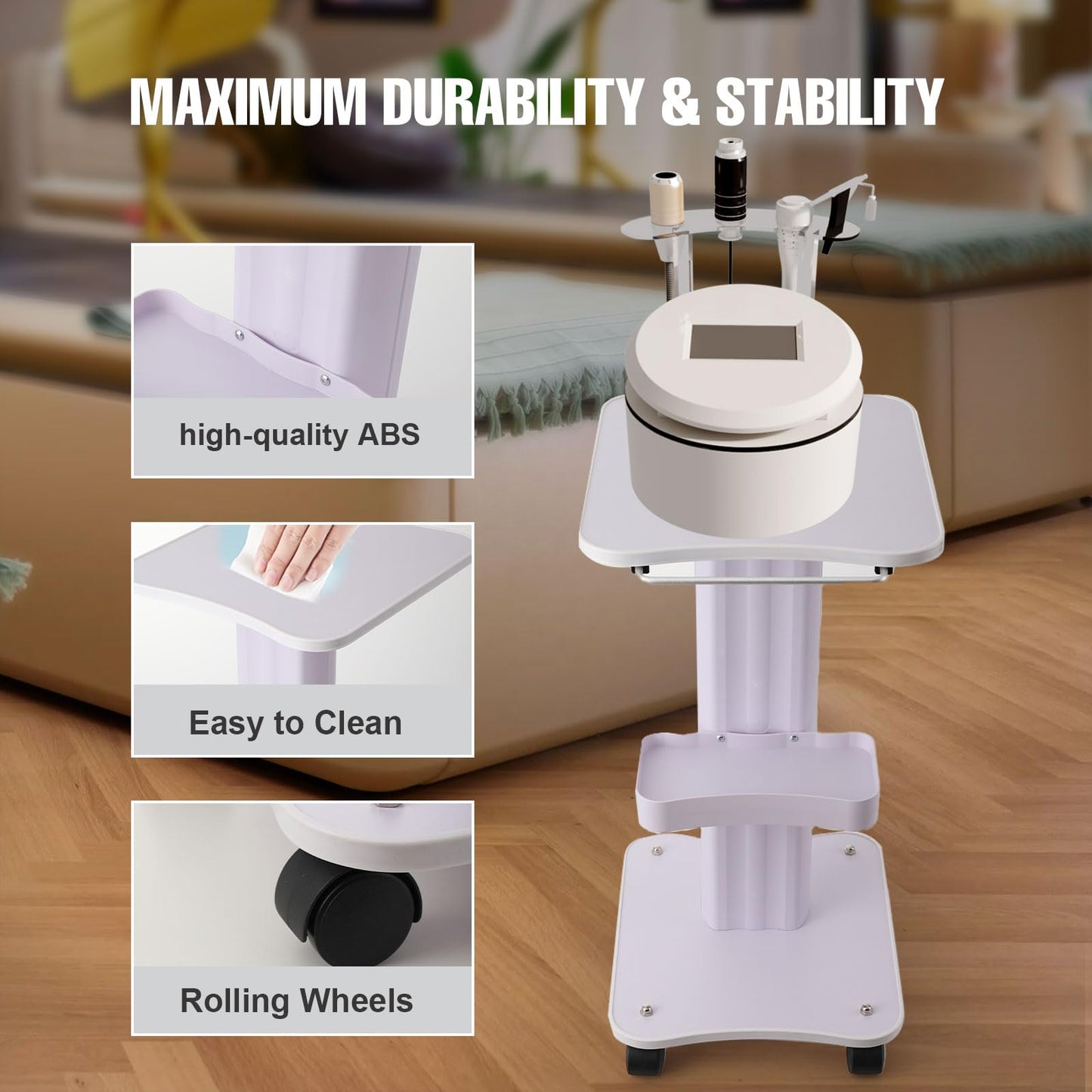 Cozyel Beauty Salon Trolley Cart with Wheels, 3 Tier Beauty Rolling Cart, Adjustable Tattoo Table Work Station, Salon Spa Rolling Trolley Stand