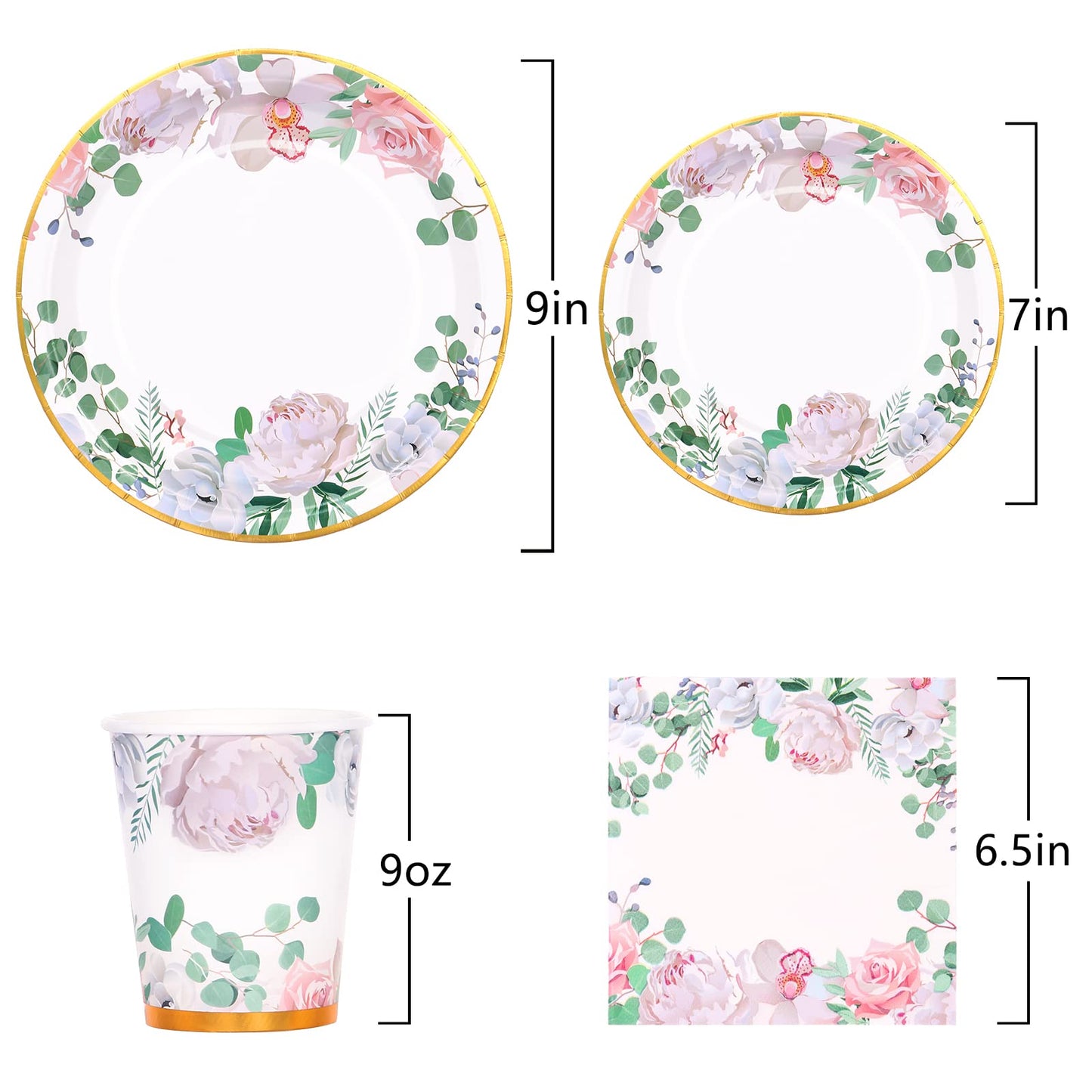 Floral Party Decorations - Bridal Shower Plates & Napkins Set for 24 Guests - Tea Party Themed Decorations, Floral Paper Plates, Cups & Napkins for Baby Shower, Birthday, Wedding