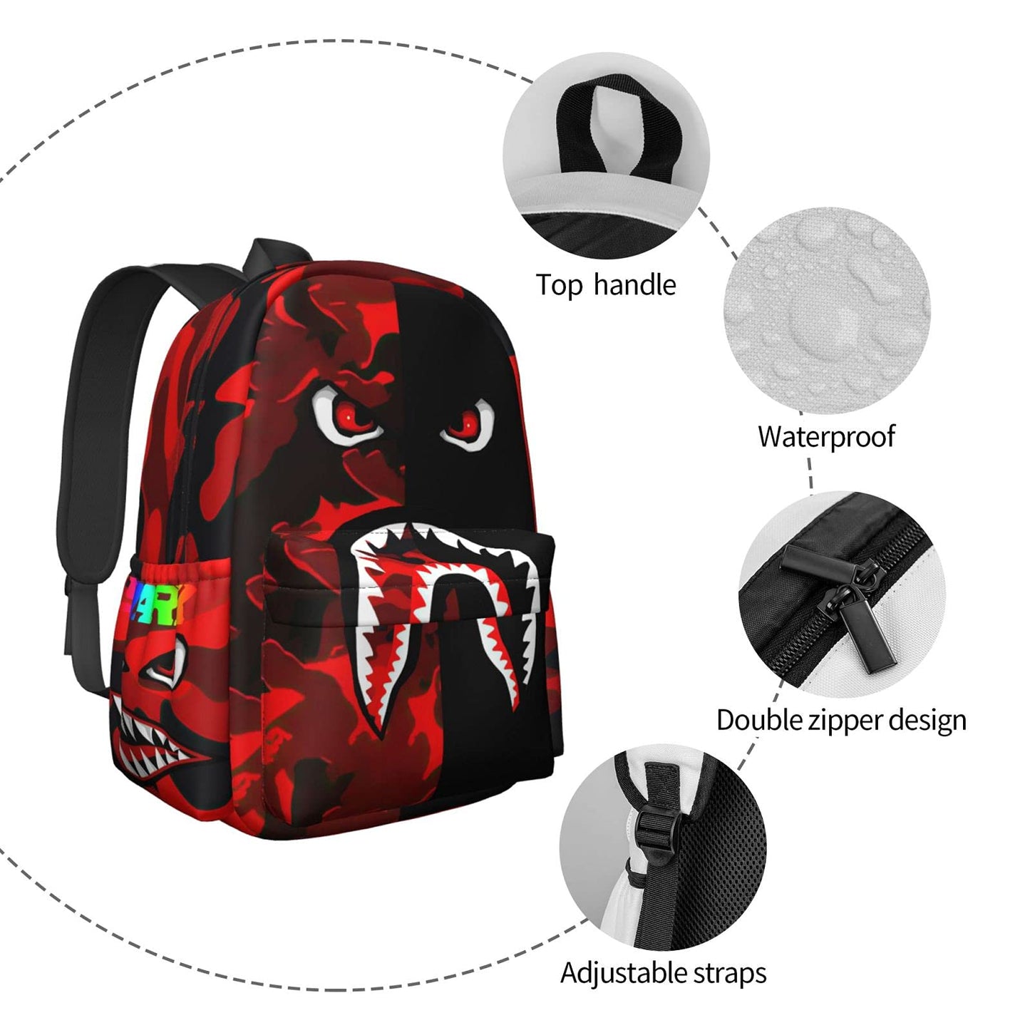 Vkaxopt Backpack Shark Teeth Camo Backpacks Travel Laptop Daypack Big Capacity Bookbag Fashion Durable for Men and Women, Red Black Shark, 11 x 16.9 x 6.3 inches, Daypack Backpacks