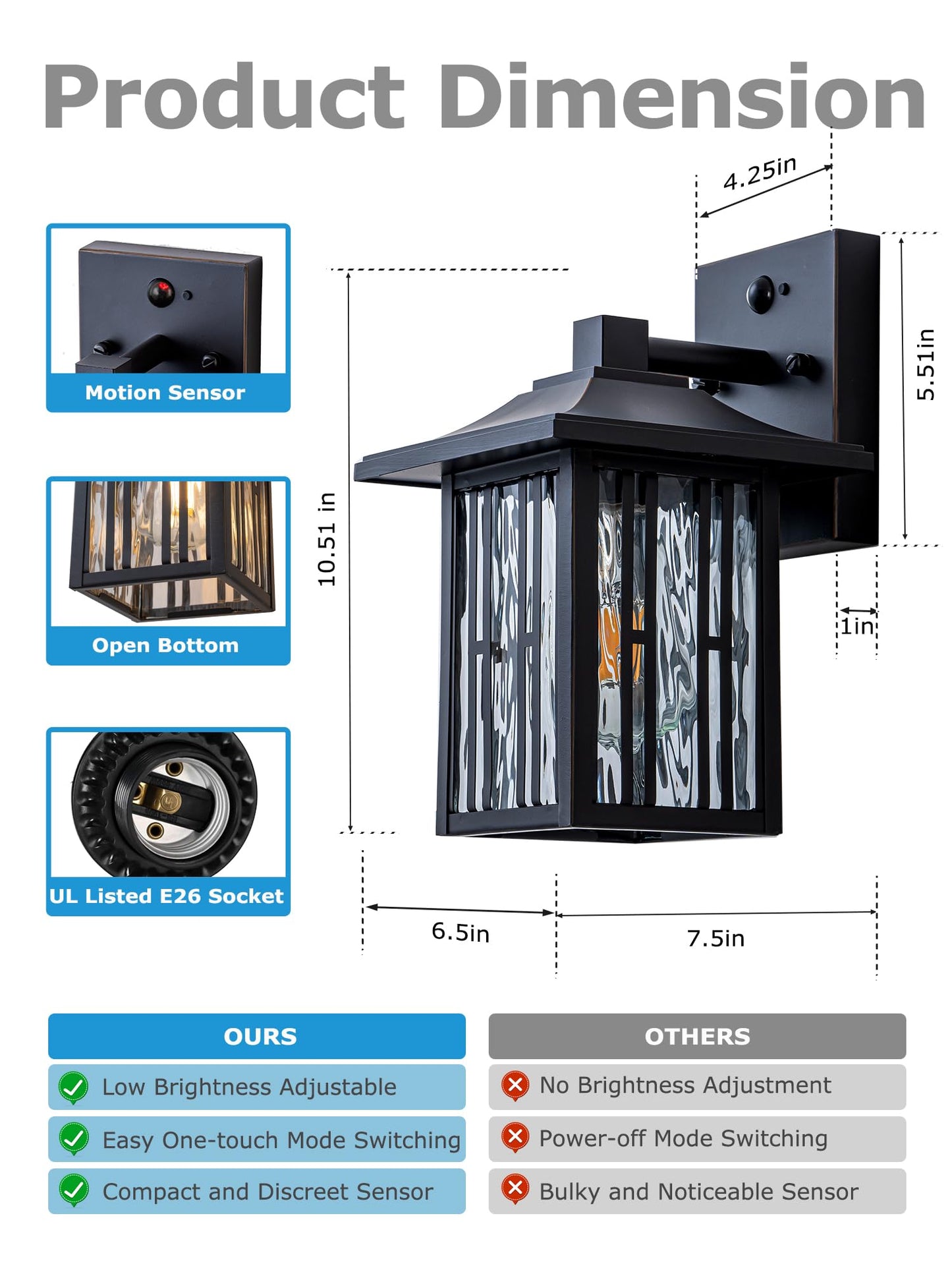 OUPAVOCS Outdoor Wall Lights with Motion Sensor, Dusk to Dawn Porch Light Sconce, Mate Black Exterior Wall Lantern with Water Glass, Patio Lighting Fixtures Wall Mount for House, Set of 2