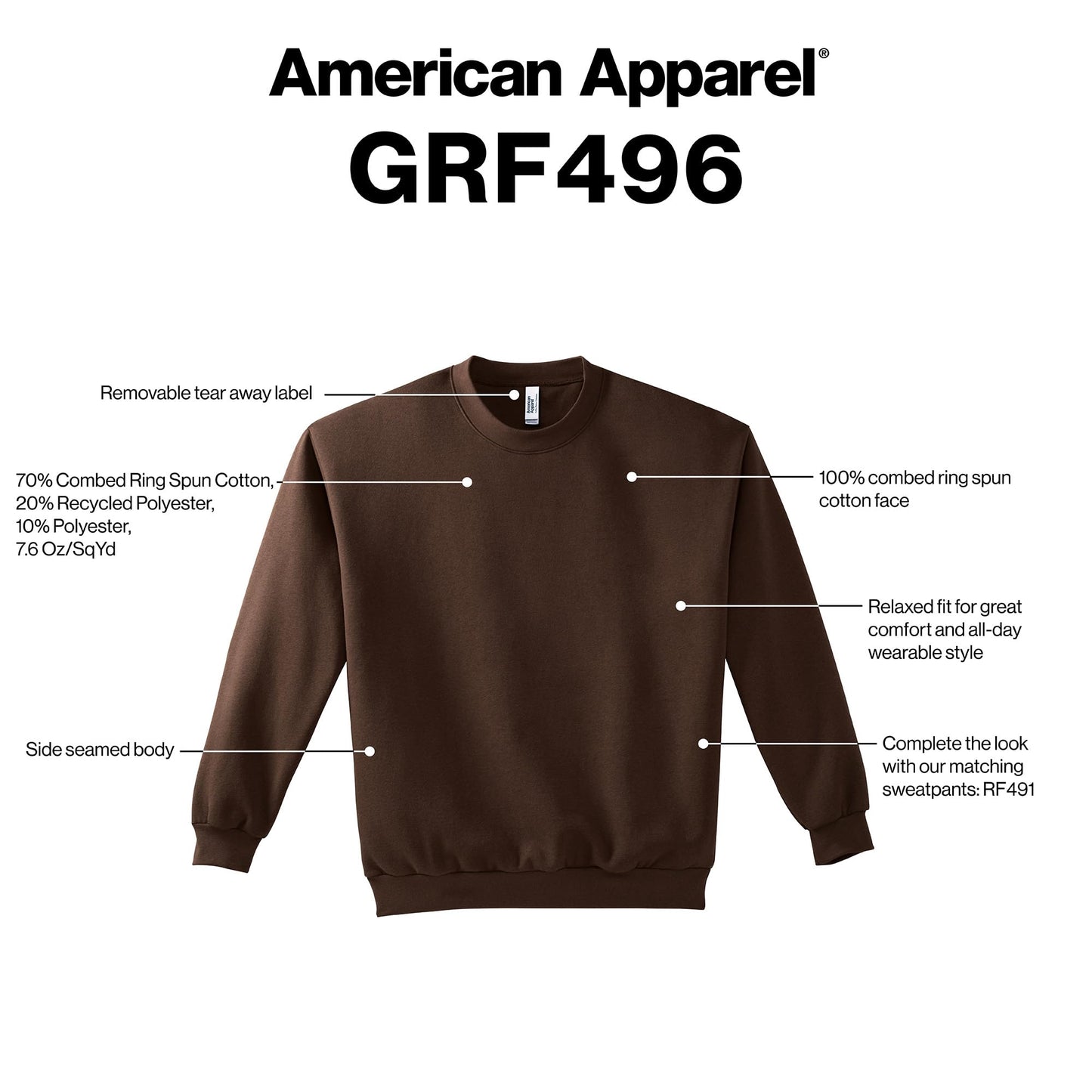 American Apparel Unisex Reflex Fleece Crewneck Sweatshirt, GRF496AA, Heather Grey, Large