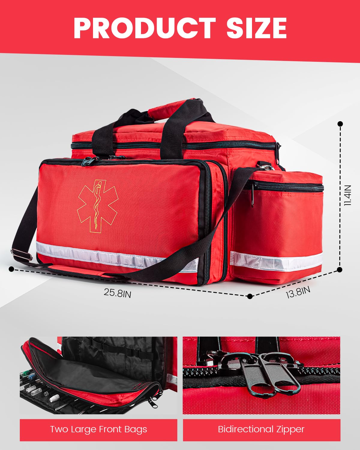 PTAHON Medical Bag - First Aid Bag Empty, EMT Bag for EMTs, Paramedics & First Responders, 25.8" Water-Resistant, 360° Reflective, 4 Dividers, 3 Removable Transparent Pouches, Padded Detachable Strap