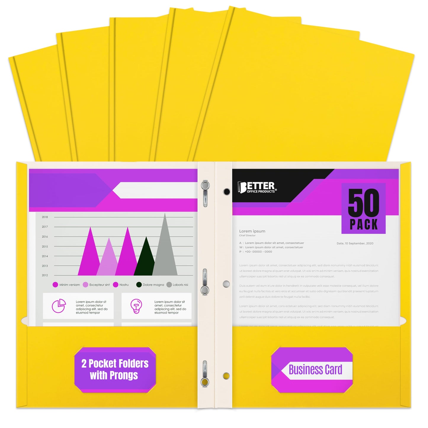Better Office Products Yellow Paper 2 Pocket Folders with Prongs, 50 Pack, Matte Texture, Letter Size Paper Folders, 50 Pack, with 3 Metal Prong Fastener Clips, Yellow