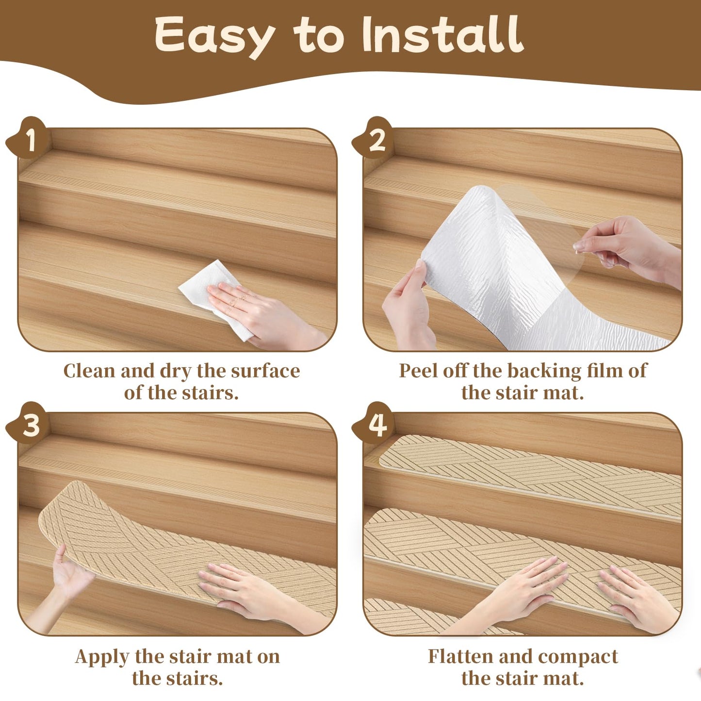 Aenithsy Stair Treads Non Slip Indoor, 15 Pack 30"x8" Stair Runners for Wooden Steps with Reusable Adhesive, Washable Stair Carpet Mats for Elders, Kids and Pets, Beige