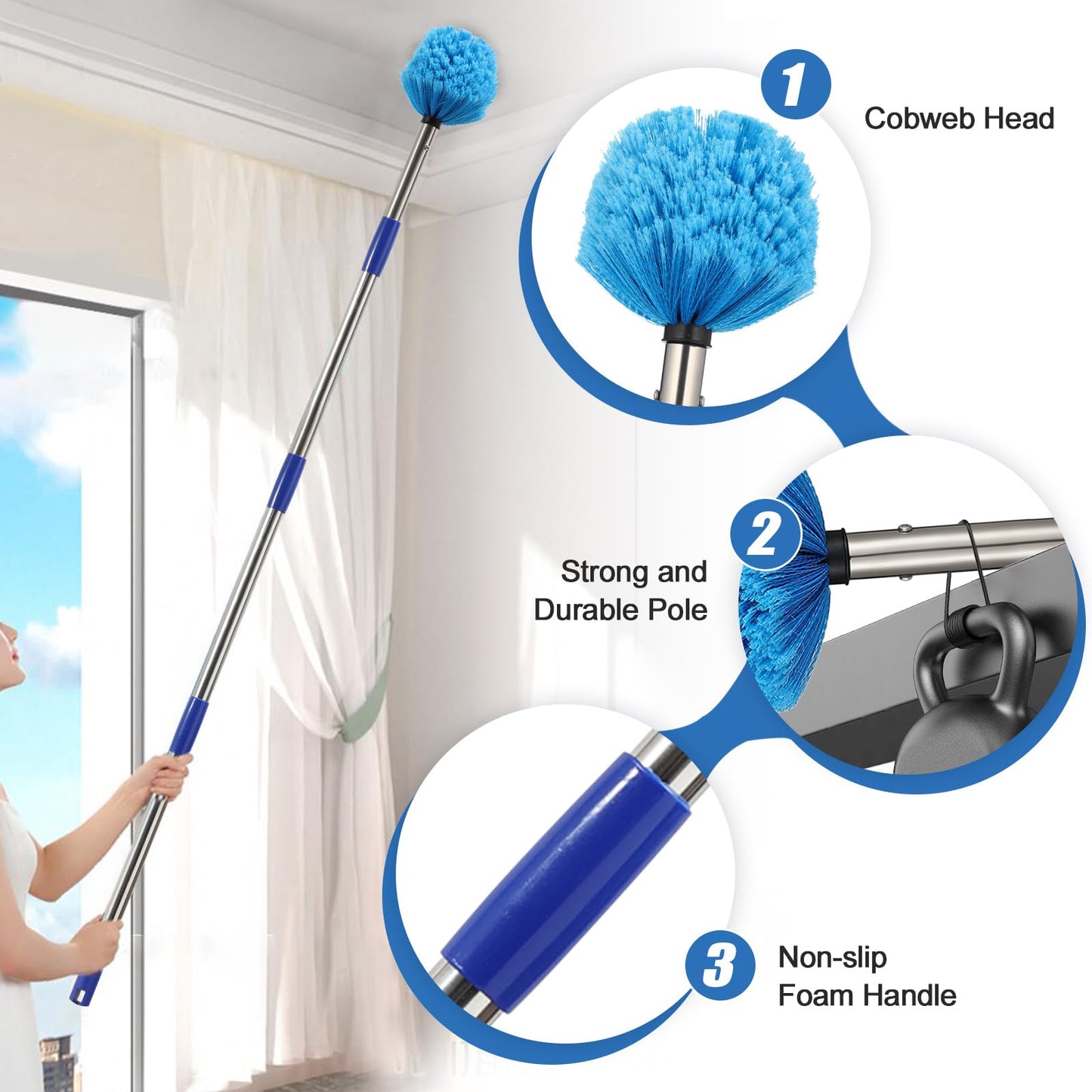 CALCHELE 10FT Spider Web Brush with Pole, Stainless Steel Pole Ceiling Fan Duster for Outdoor Indoor Cleaning