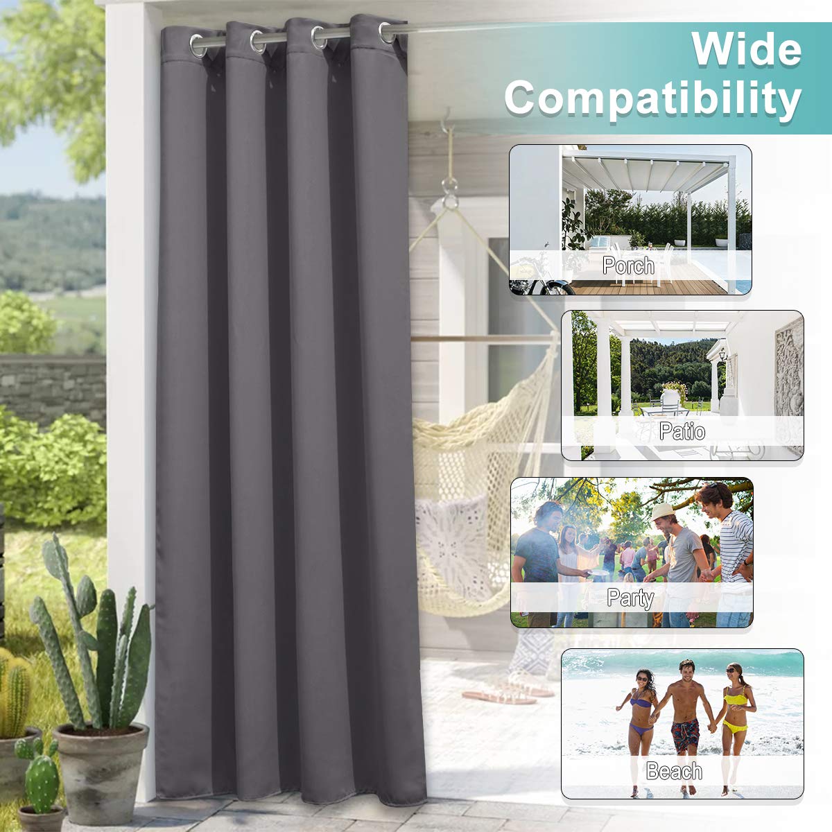 NICETOWN Outdoor Curtains 2 Panels Waterproof for Patio - Rustproof Grommet Sturdy Indoor Outdoor Vertical Blackout Drapes for Front Porch (W52 x L96, Grey)