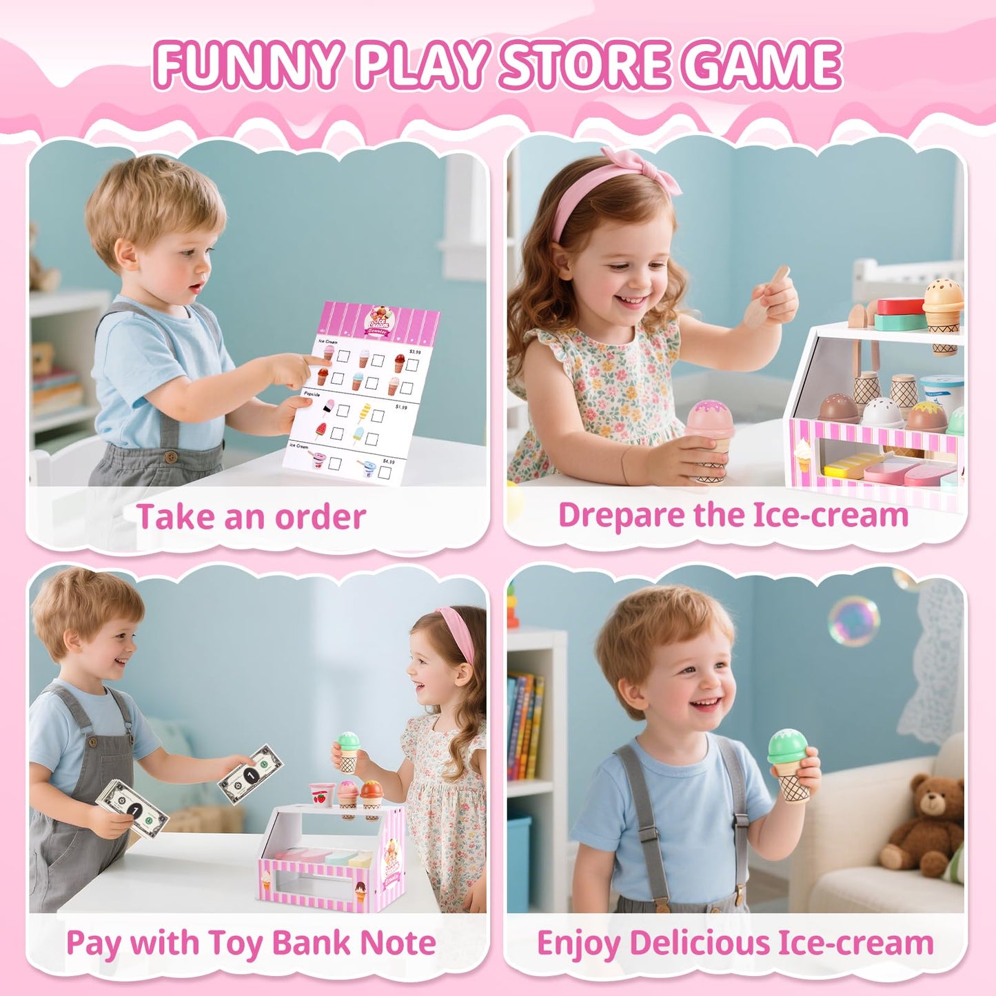 Ice Cream Toy, Wooden Pretend Play Toys Play Store for Kids, Wooden Ice Cream Play Set with Scoop, Fake Money, Menu, Ice Cream Toys Play Kitchen Food Gifts for 3 4 5 6 Year Old Toddlers Girls Boys