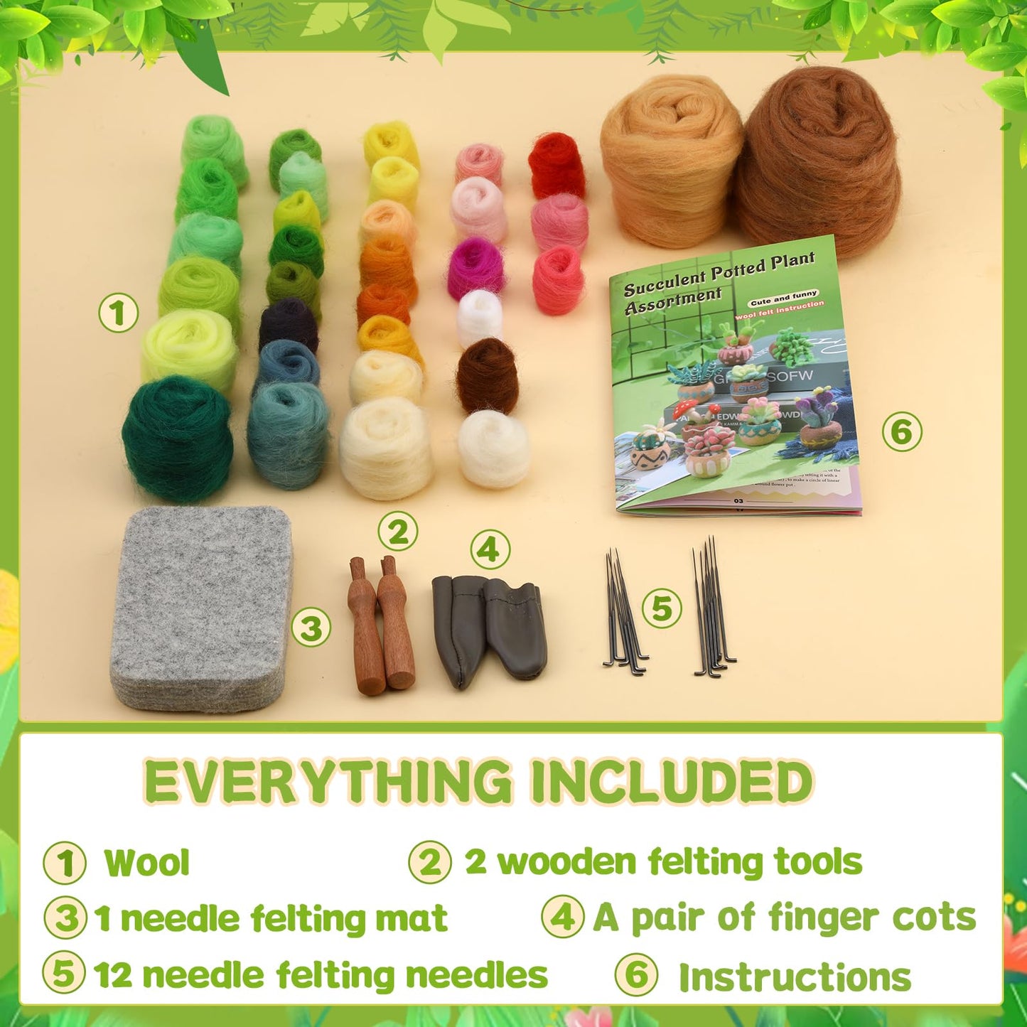 Yizzvb Needle Felting Kit, 9 PCS Succulent Felting Kit for Beginners Adult, Wool Felting Kit with Wool, Needles and Mat for DIY Craft