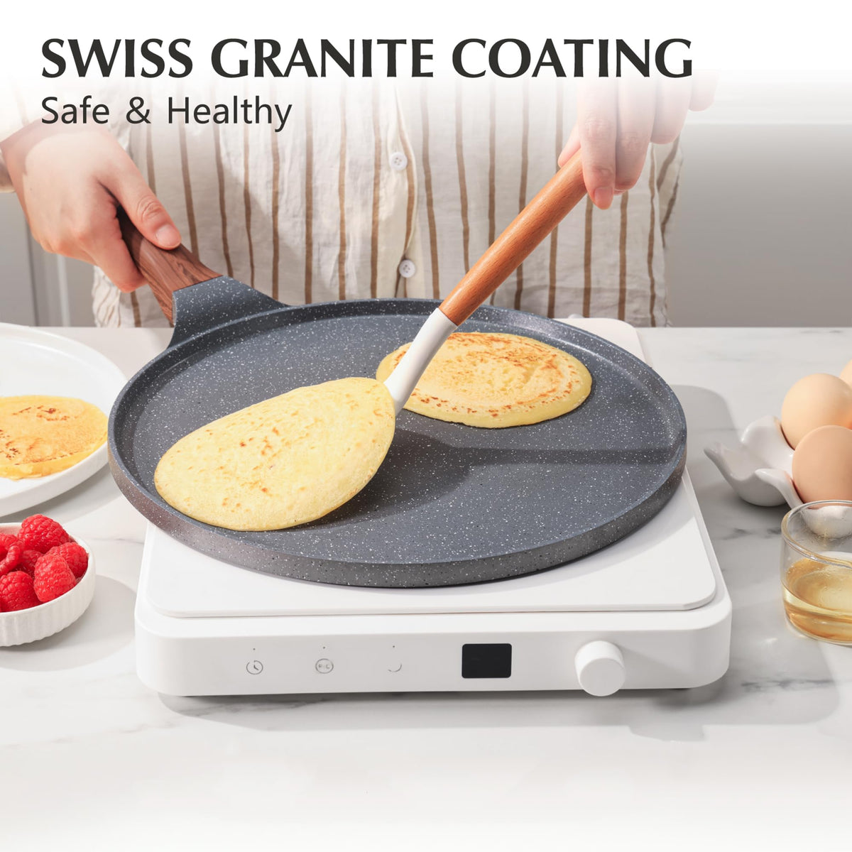 SENSARTE Nonstick Crepe Pan, Swiss Granite Coating Dosa Pan Pancake Flat Skillet Tawa Griddle 10-Inch with Stay-Cool Handle, Induction Compatible