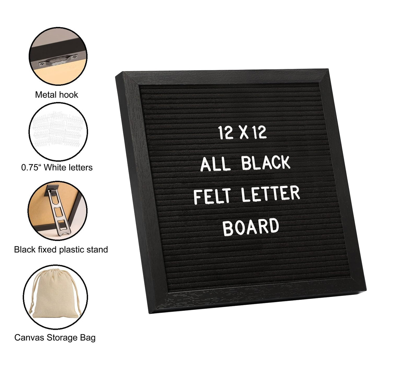G GAMIT Black Felt Letter Board with 335 Changeable Letters&Numbers, 12”x12” Message Board Letter Sign Board in Black Frame with Stand and Canvas Bag for Announcement&Notification(Black)
