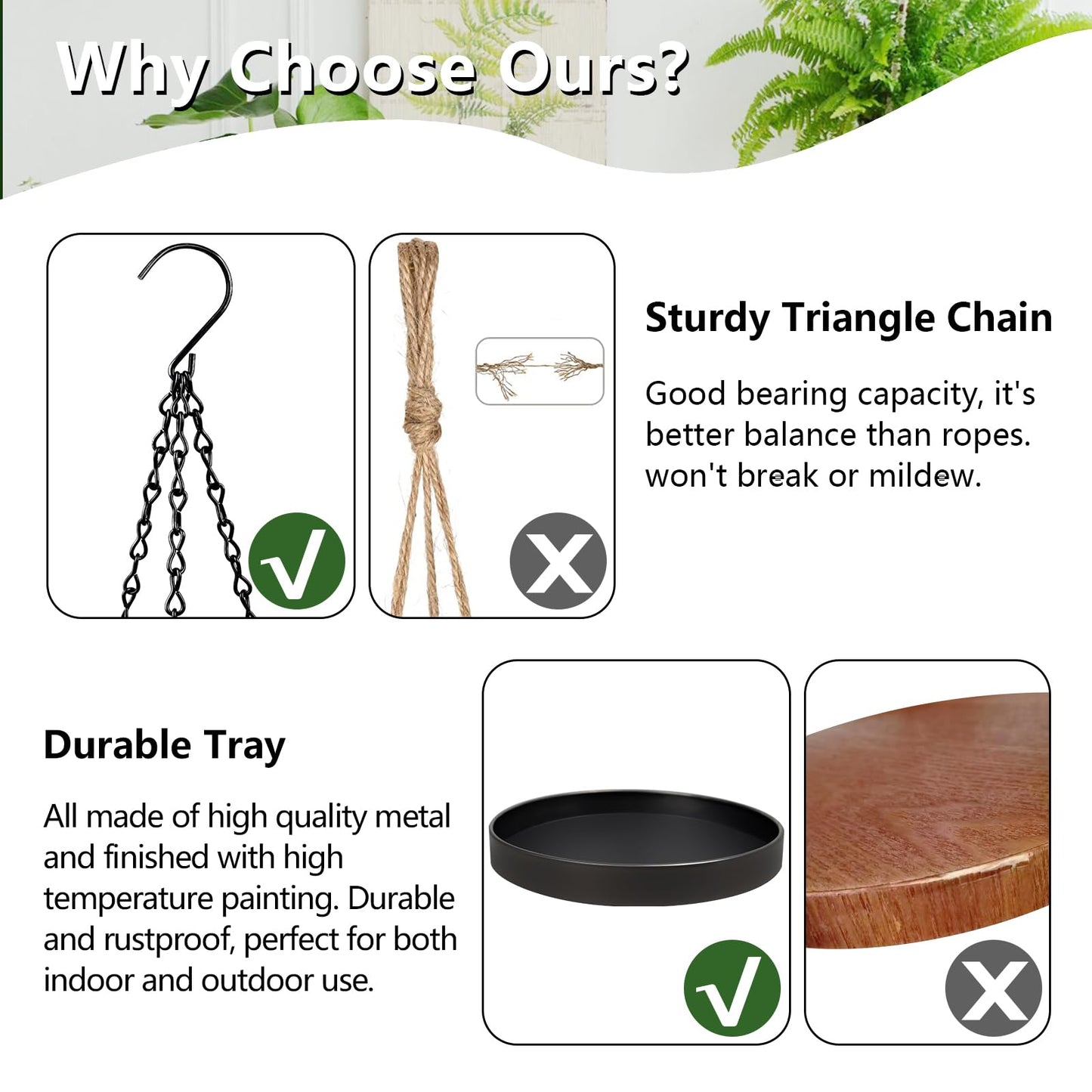 Plant Hanger Indoor Outdoor, Hanging Planter Baskets for Outdoor Indoor Plants, Hanging Plant Holder, Hanging Tray for Plants, Metal Window Plant Hanger, Black Hanging Plant Shelf, 3 Pack