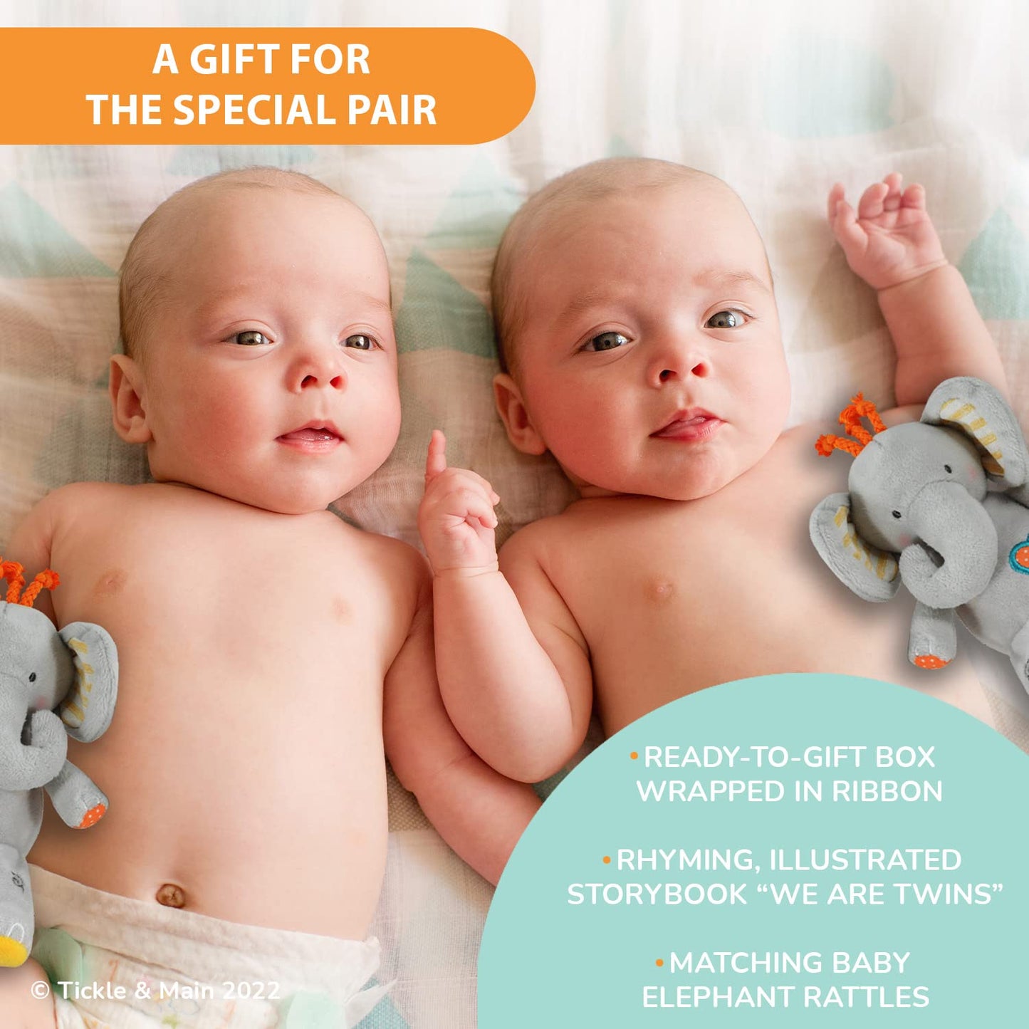 Tickle & Main, We are Twins - Baby and Toddler Twin Gift Set- Includes Keepsake Book and Set of 2 Plush Elephant Rattles for Boys and Girls. Perfect for Newborn Infant