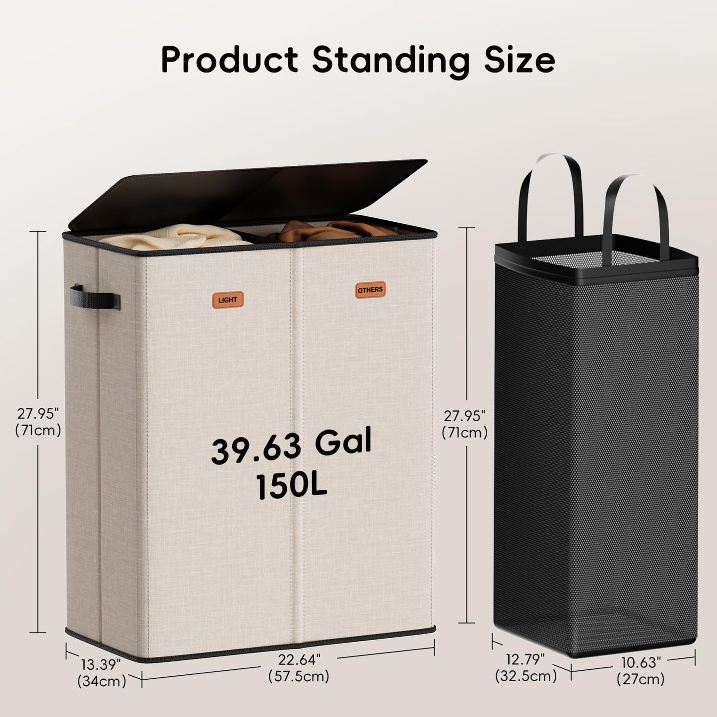Vexalora 150L Double Laundry Hamper With Lid, Large Clothes Hampers with Removable Bag, Laundry Hamper 2 Section for Bathroom, Bedroom, Laundry Room, Dorm, Beige