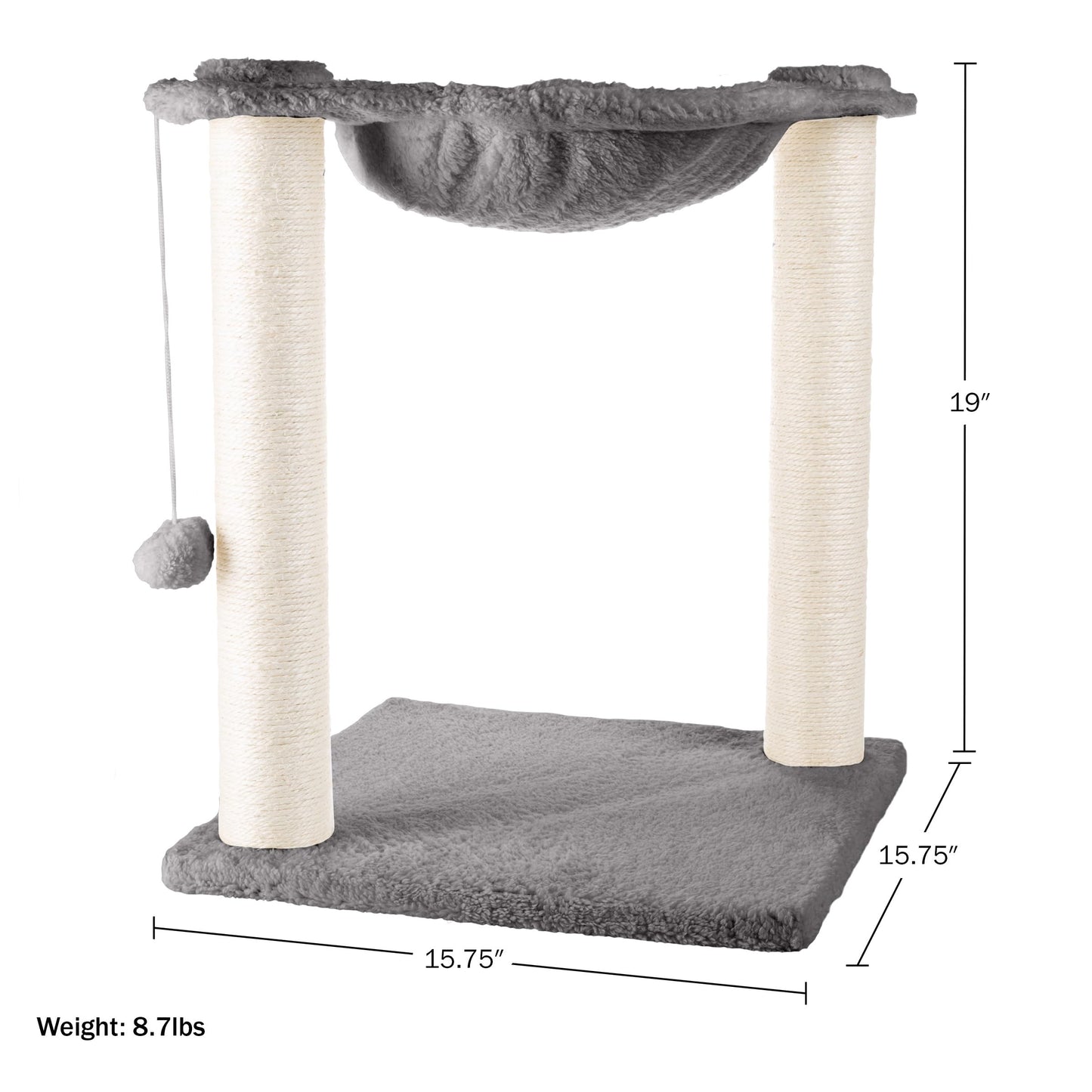 Cat Hammock with Scratching Posts for Indoor Cats - 19-Inch-Tall Cat Tree with Hanging Ball Toy for Adult Cats and Kittens by PETMAKER (Gray)